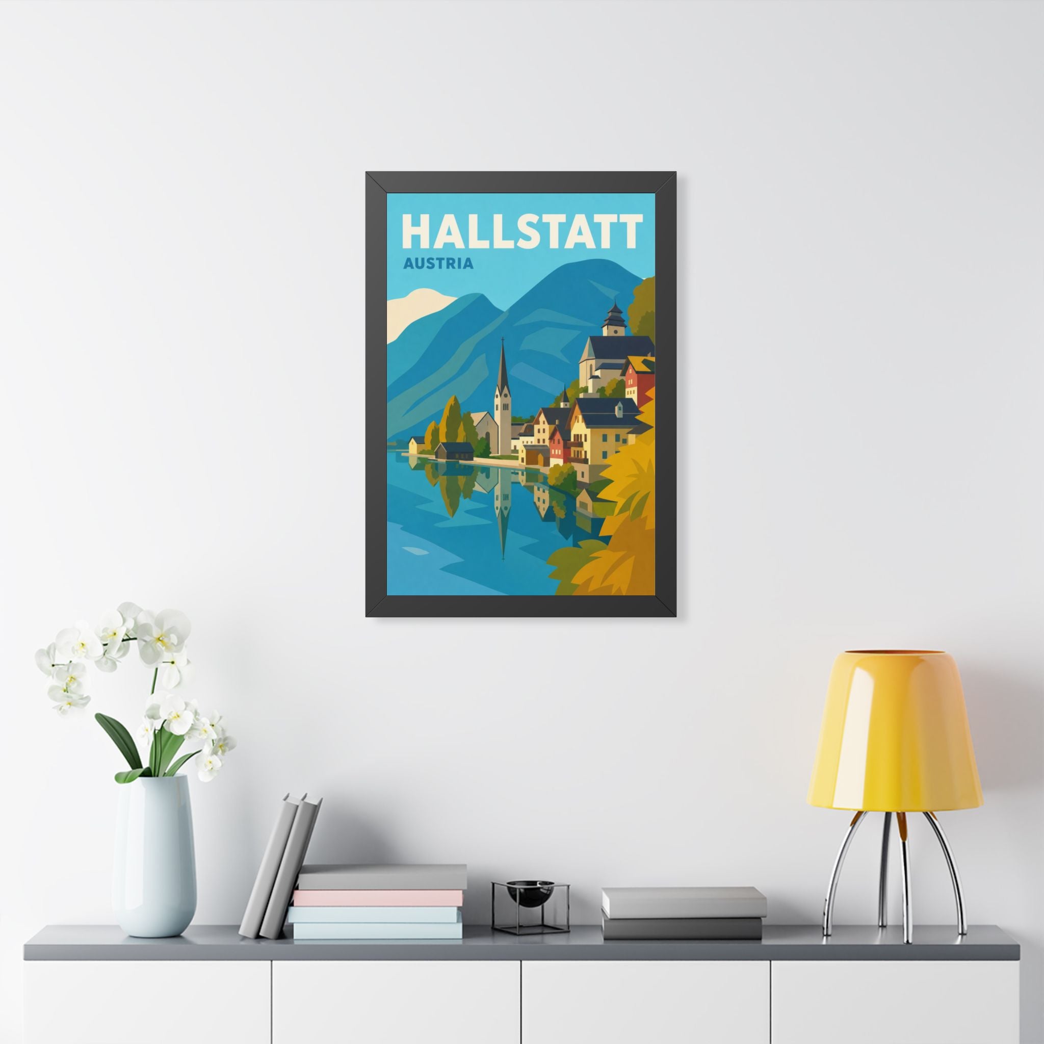 Hallstatt Austria Framed Poster | Vintage Travel Wall Art | Black Walnut White Frame | 16x24 20x30