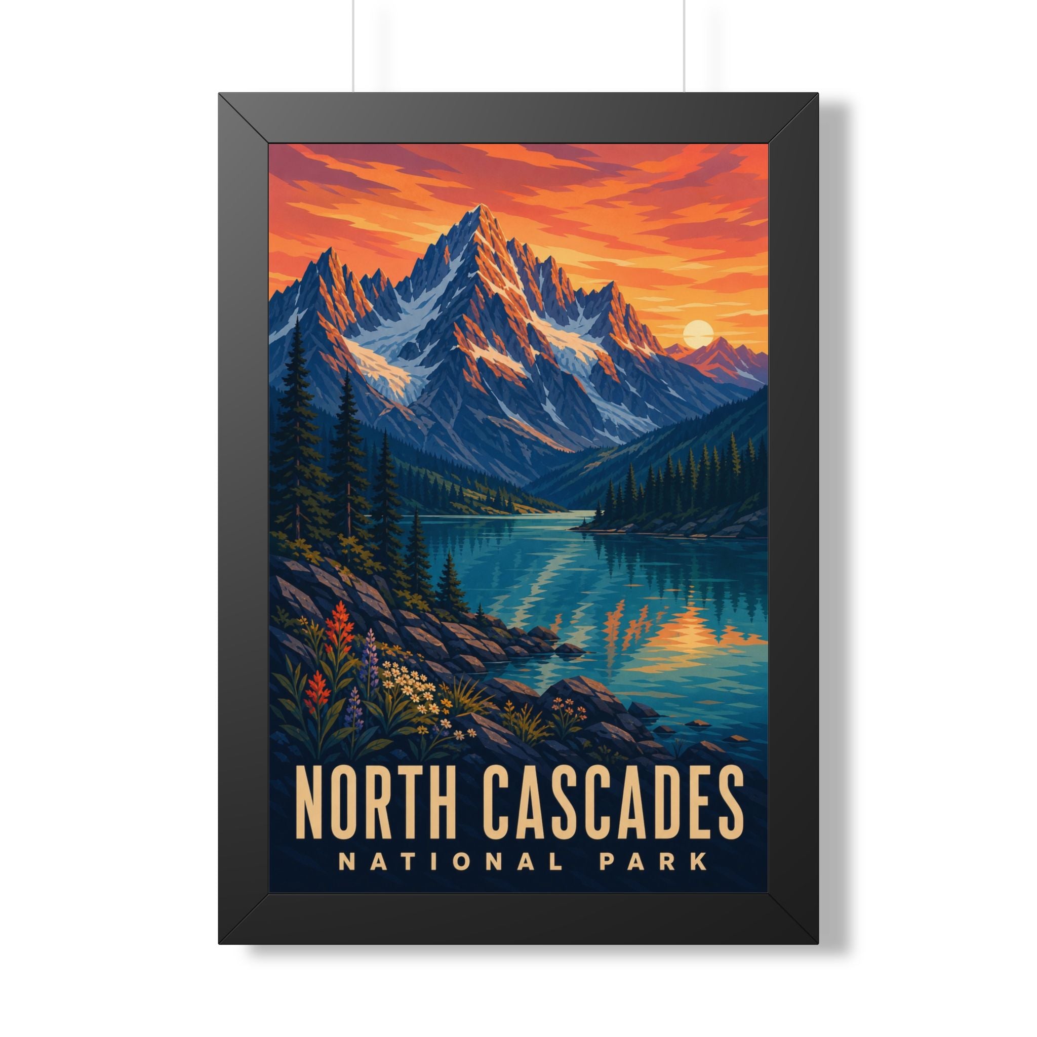 North Cascades National Park Framed Poster | Vintage Travel Wall Art | Black Walnut White Frame | 16x24 20x30