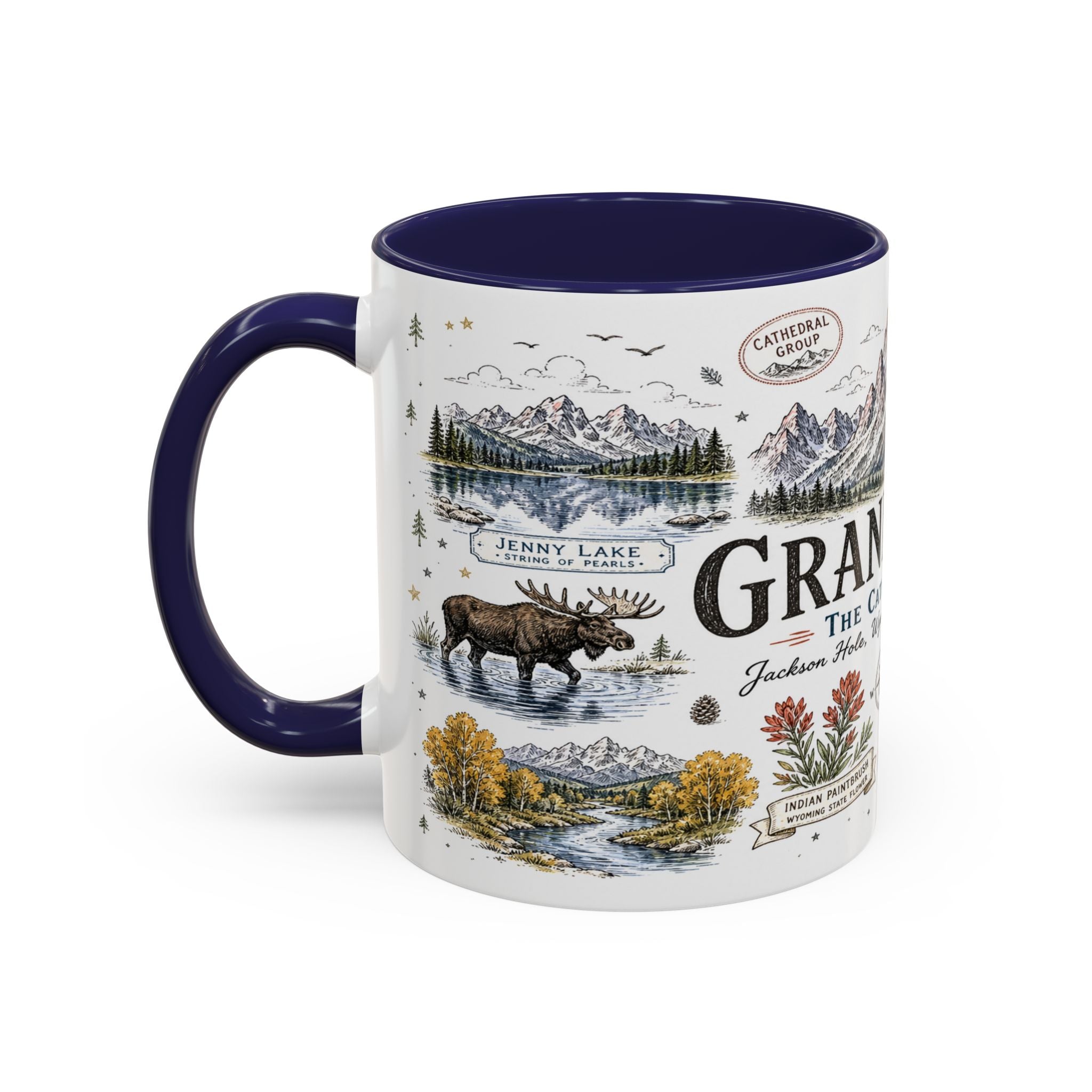 Grand Teton Coffee Mug | National Park Hiking Wyoming Gift | Accent Color Ceramic 11oz 15oz