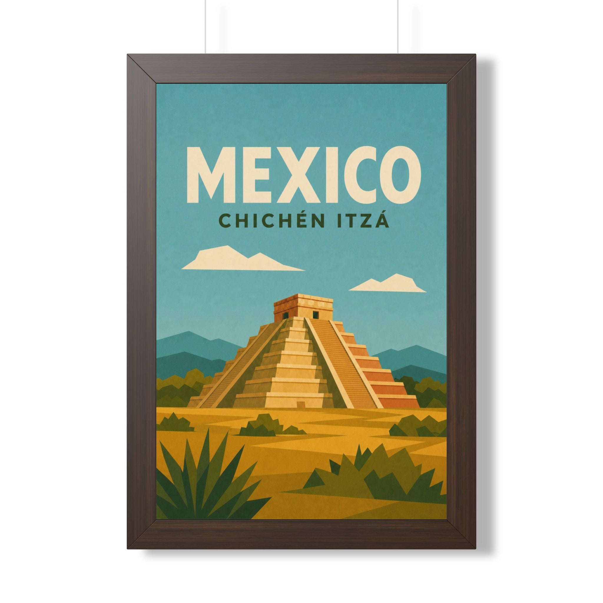 Chichén Itzá Mexico Framed Poster | Vintage Travel Wall Art | Black Walnut White Frame | 16x24 20x30