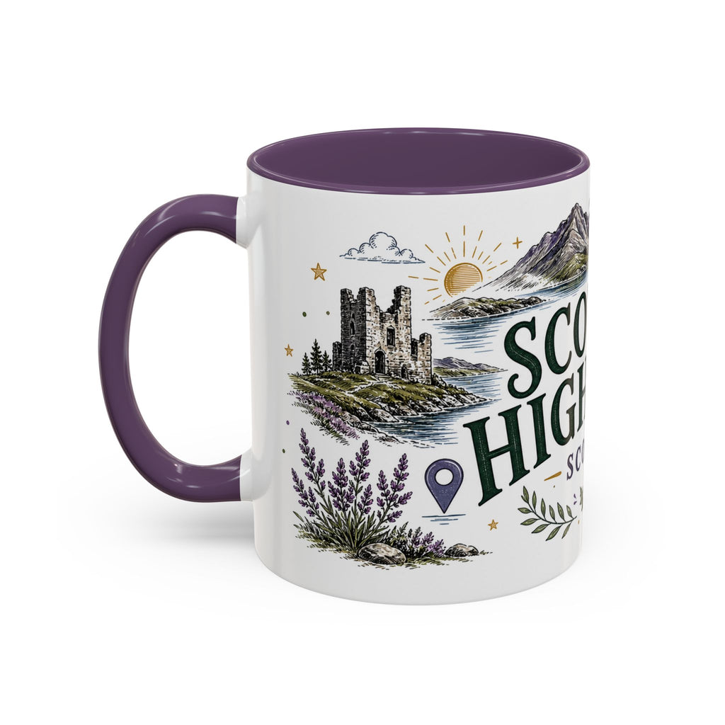 Scottish Highlands Coffee Mug | Travel Destination Souvenir Gift | Accent Color Ceramic 11oz 15oz