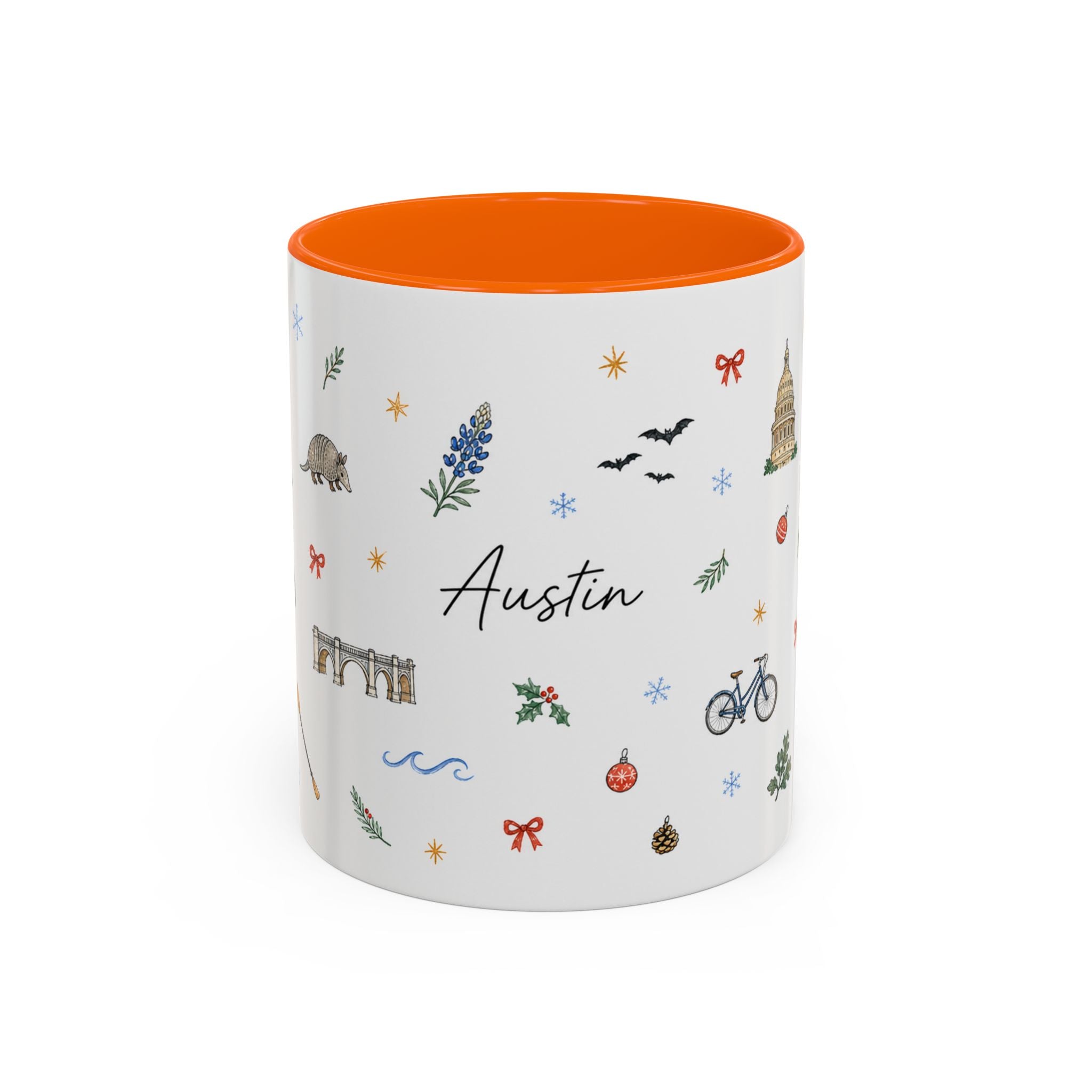 Austin Christmas Mug | Watercolor Travel Souvenir | Holiday Gift | Accent Ceramic Coffee Cup 11oz 15oz