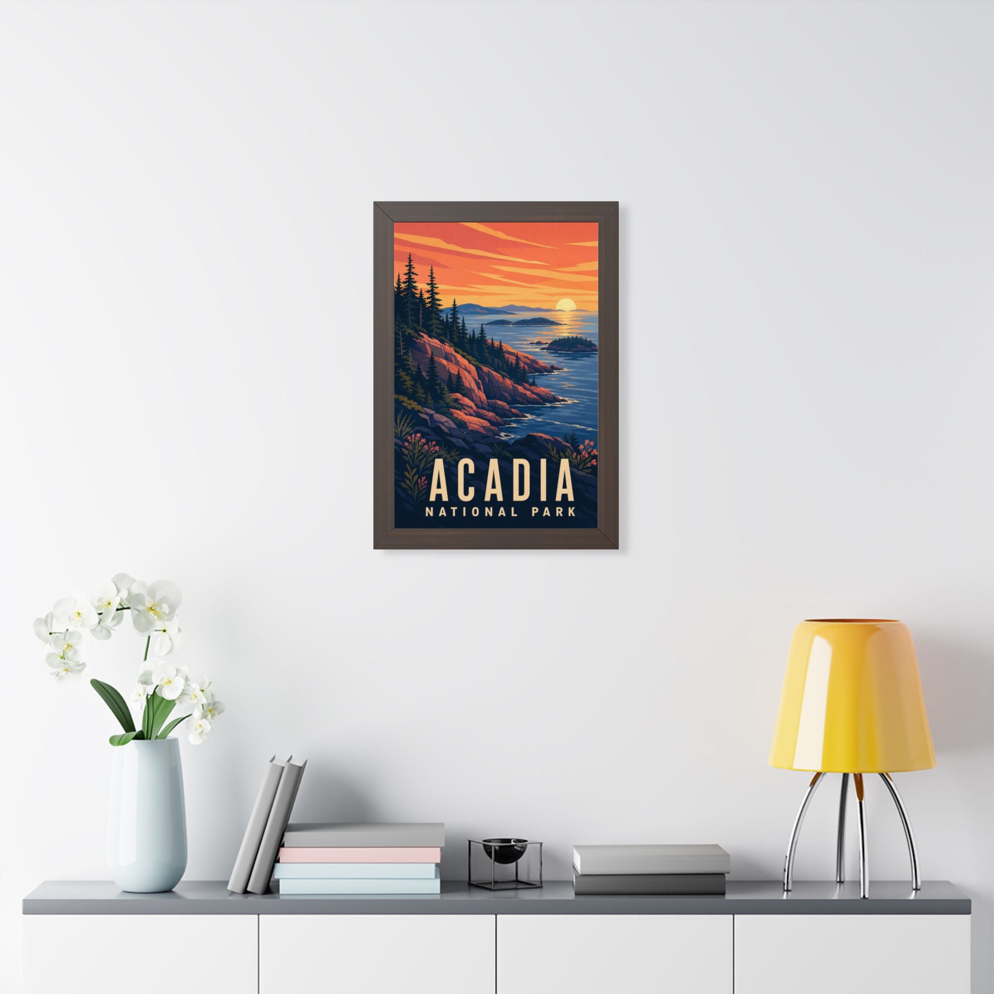 Acadia National Park Framed Poster | Vintage Travel Wall Art | Black Walnut White Frame | 16x24 20x30