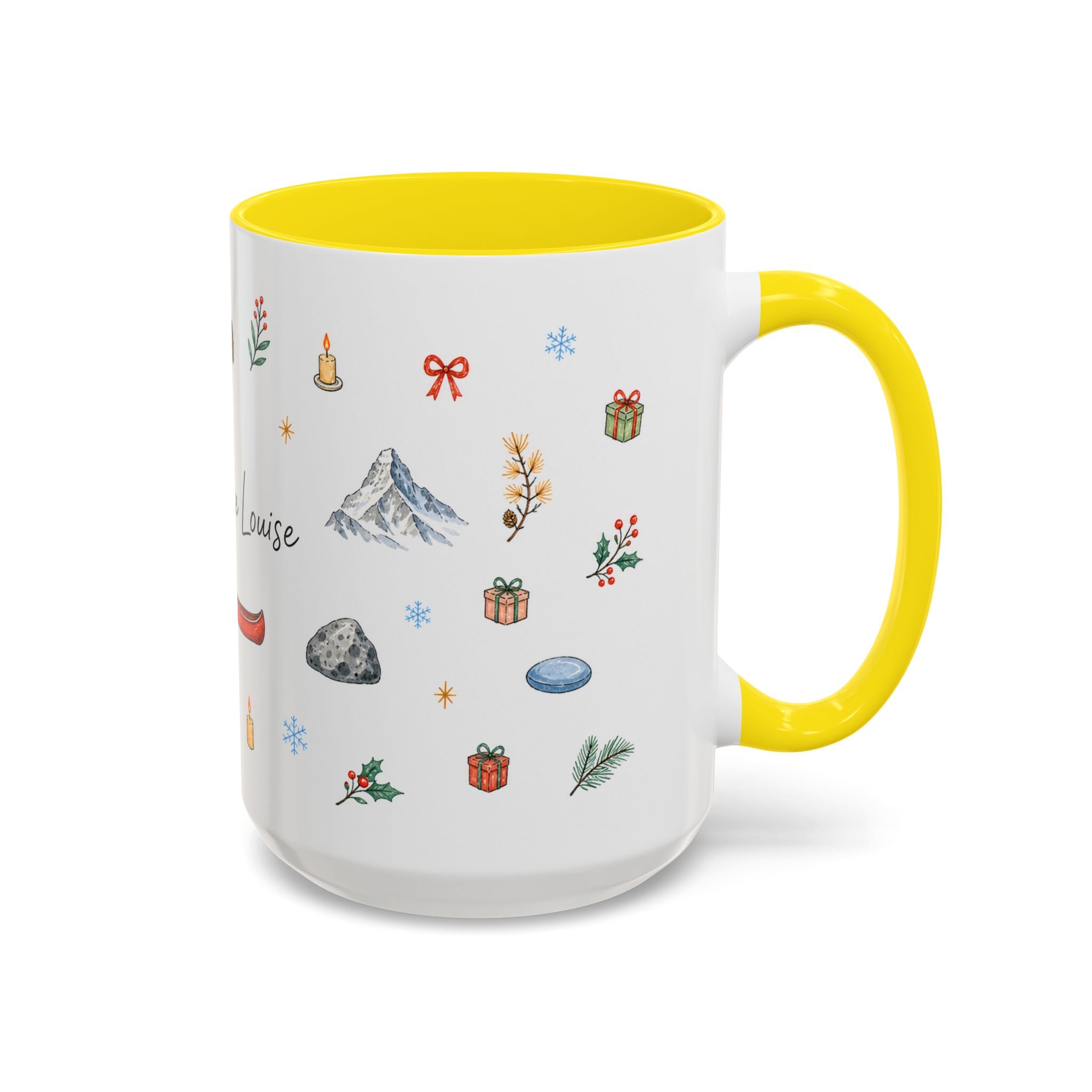 Banff Lake Louise Christmas Mug | Watercolor Travel Souvenir | Holiday Gift | Accent Ceramic Coffee Cup 11oz 15oz