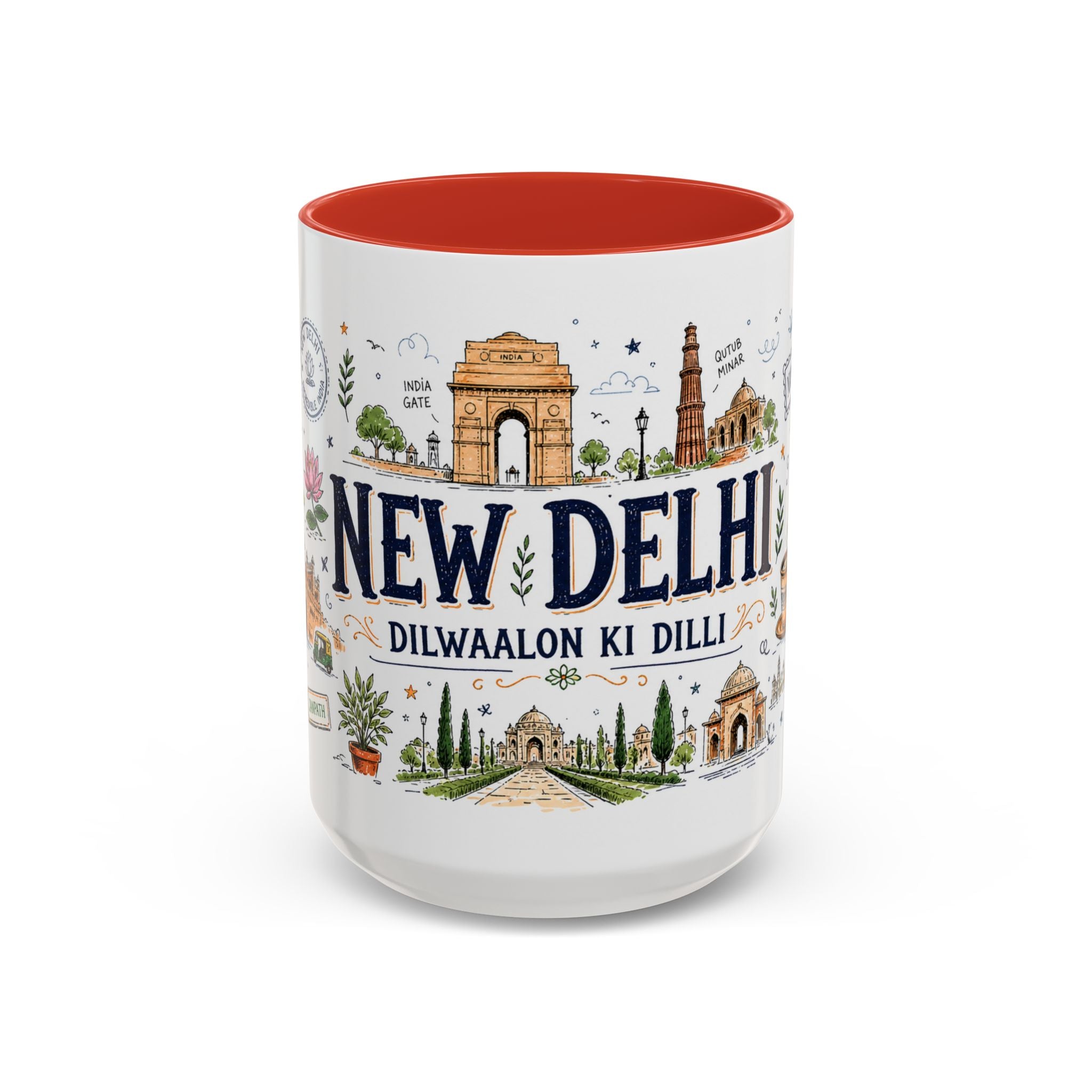 New Delhi Coffee Mug | India Souvenir Travel Gift | Accent Color Ceramic 11oz 15oz