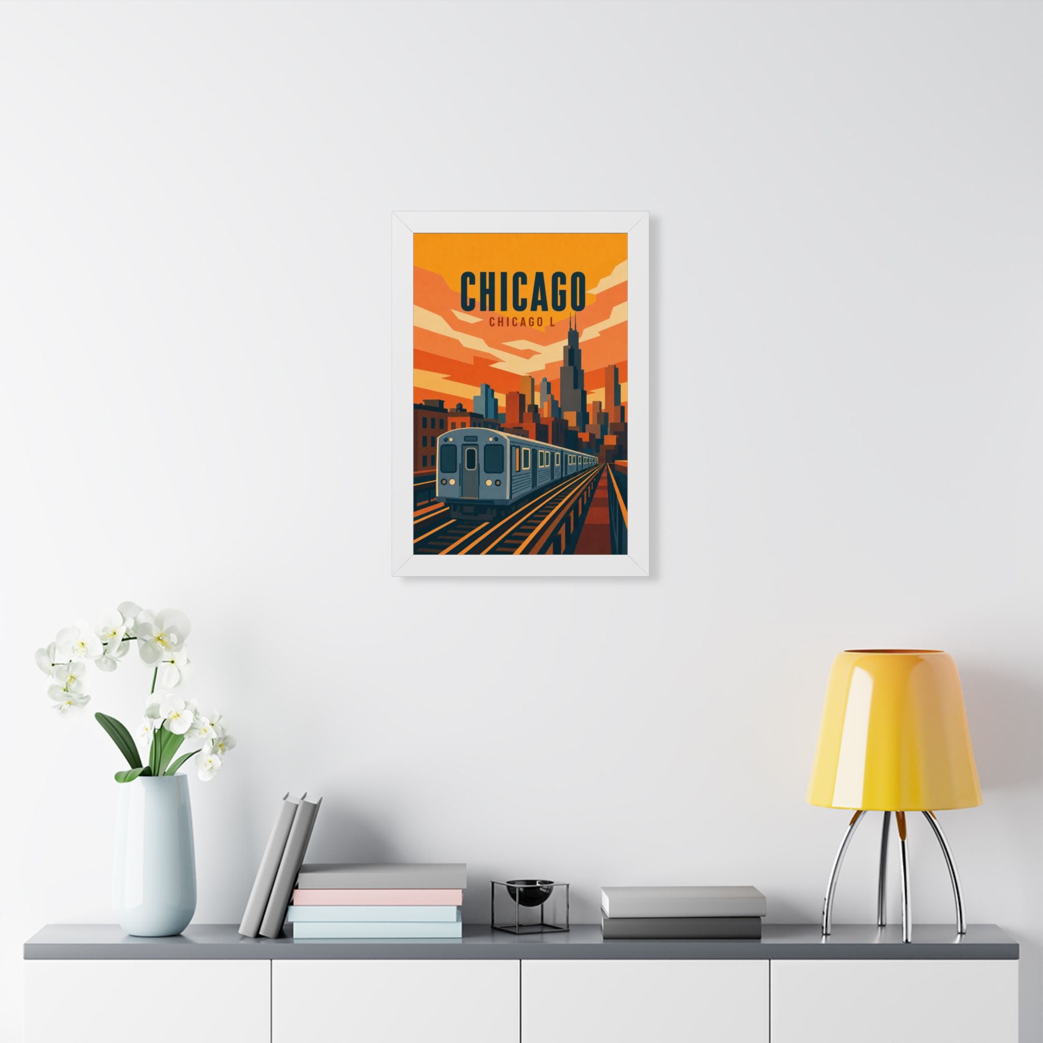 Chicago L Train United States Framed Poster | Vintage Travel Wall Art | Black Walnut White Frame | 16x24 20x30