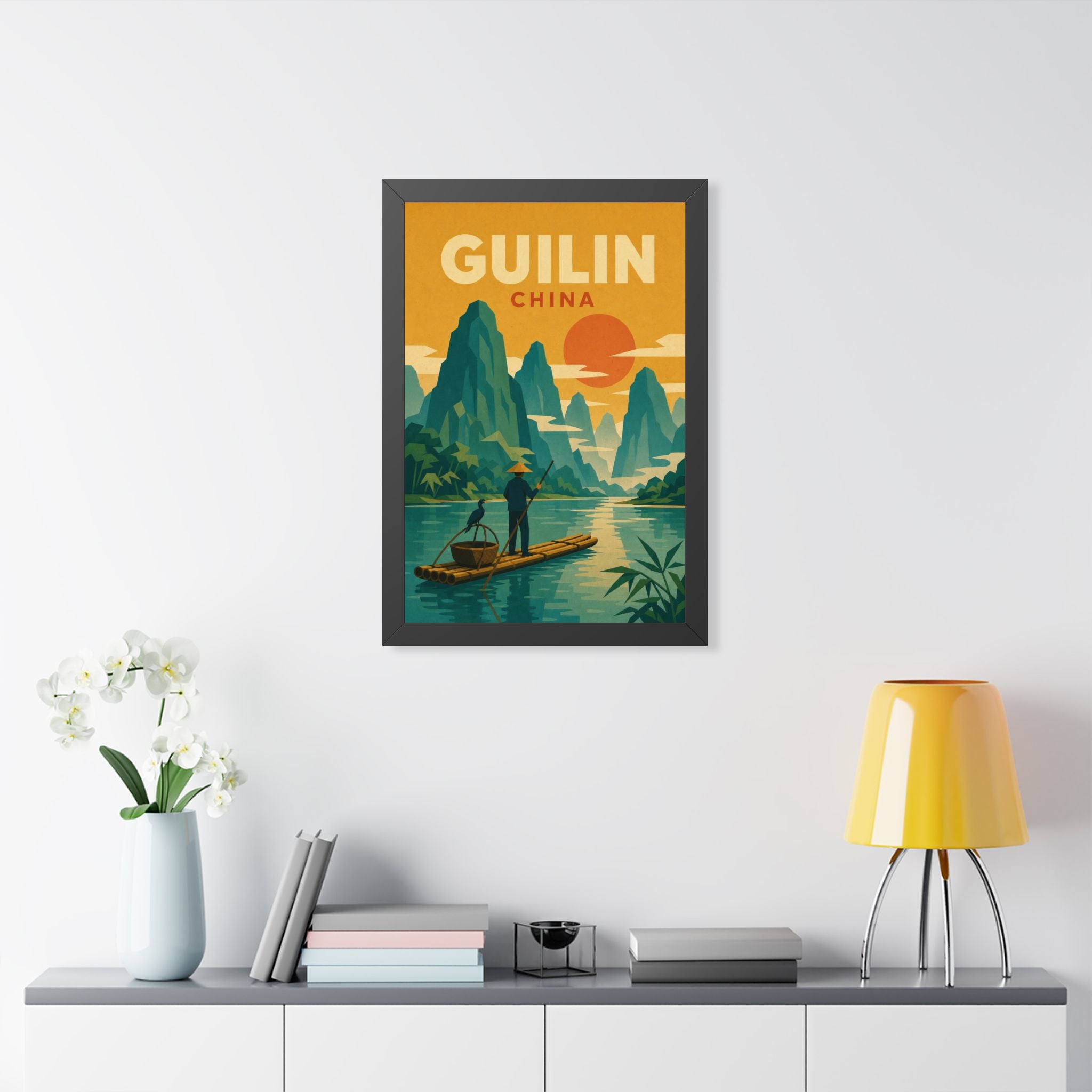 Guilin China Framed Poster | Vintage Travel Wall Art | Black Walnut White Frame | 16x24 20x30