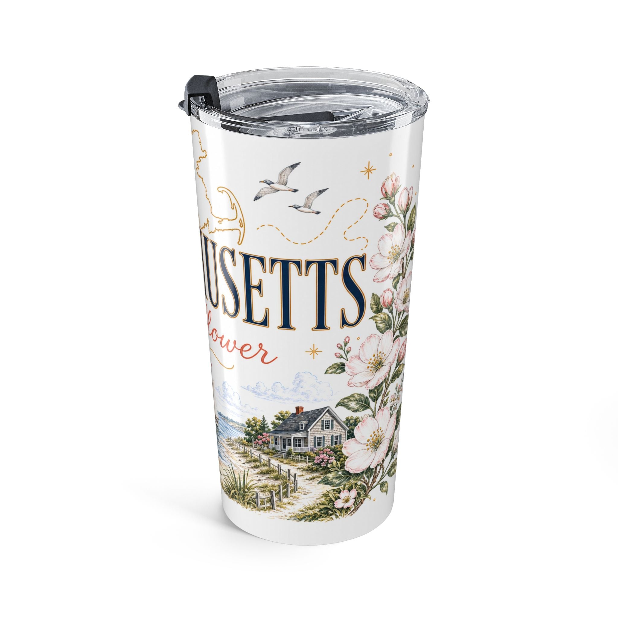 Massachusetts State Flower 20oz Tumbler | Mayflower Botanical State Flower Gift | Insulated Stainless Steel Travel Cup