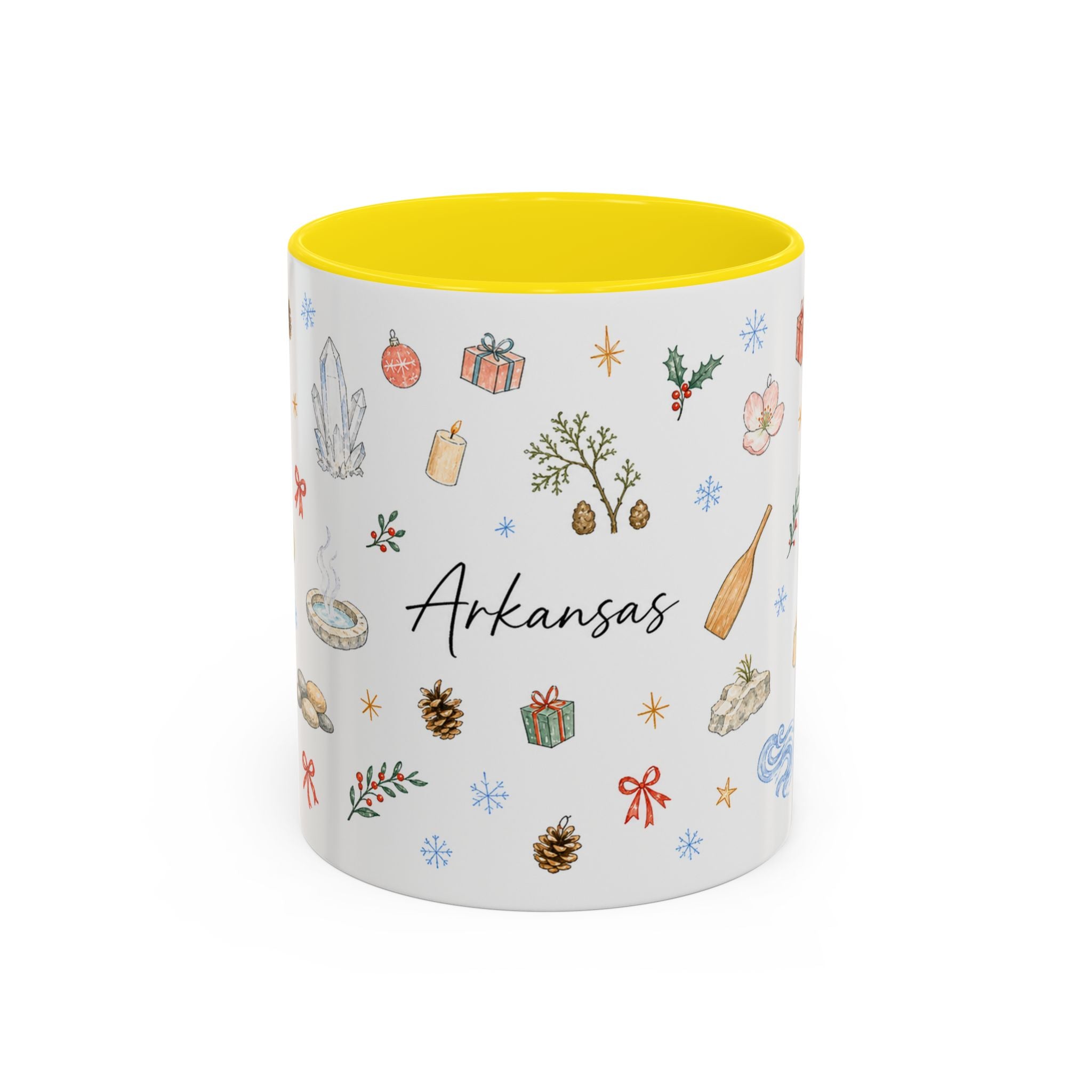 Arkansas Christmas Mug | Watercolor Travel Souvenir | Holiday Gift | Accent Ceramic Coffee Cup 11oz 15oz