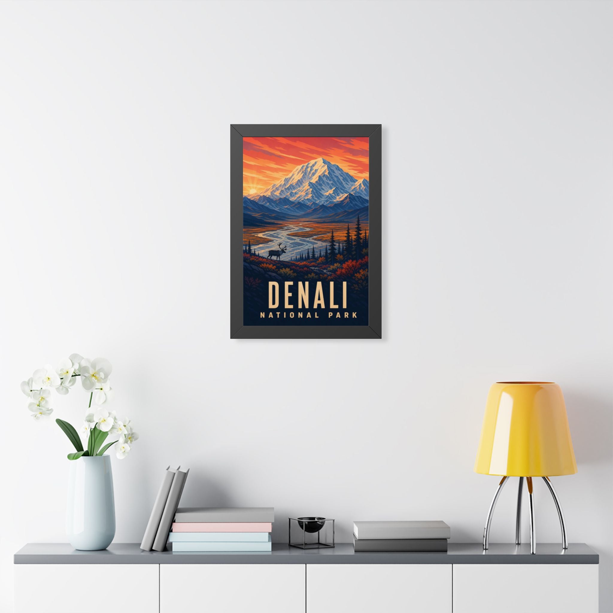 Denali National Park Framed Poster | Vintage Travel Wall Art | Black Walnut White Frame | 16x24 20x30