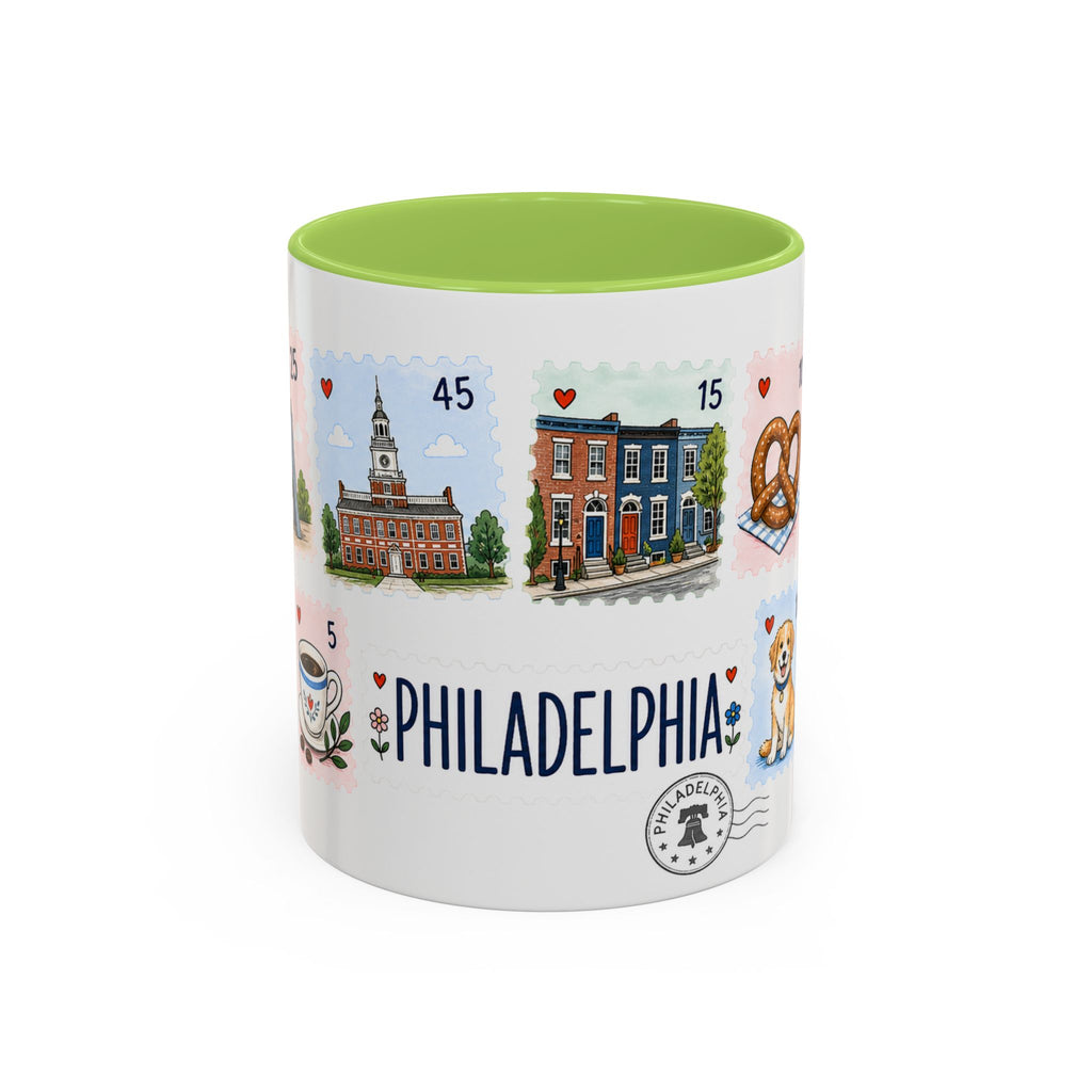 Philadelphia Coffee Mug | Postage Stamp Collage Mug | Travel Souvenir Accent Cup 11oz 15oz