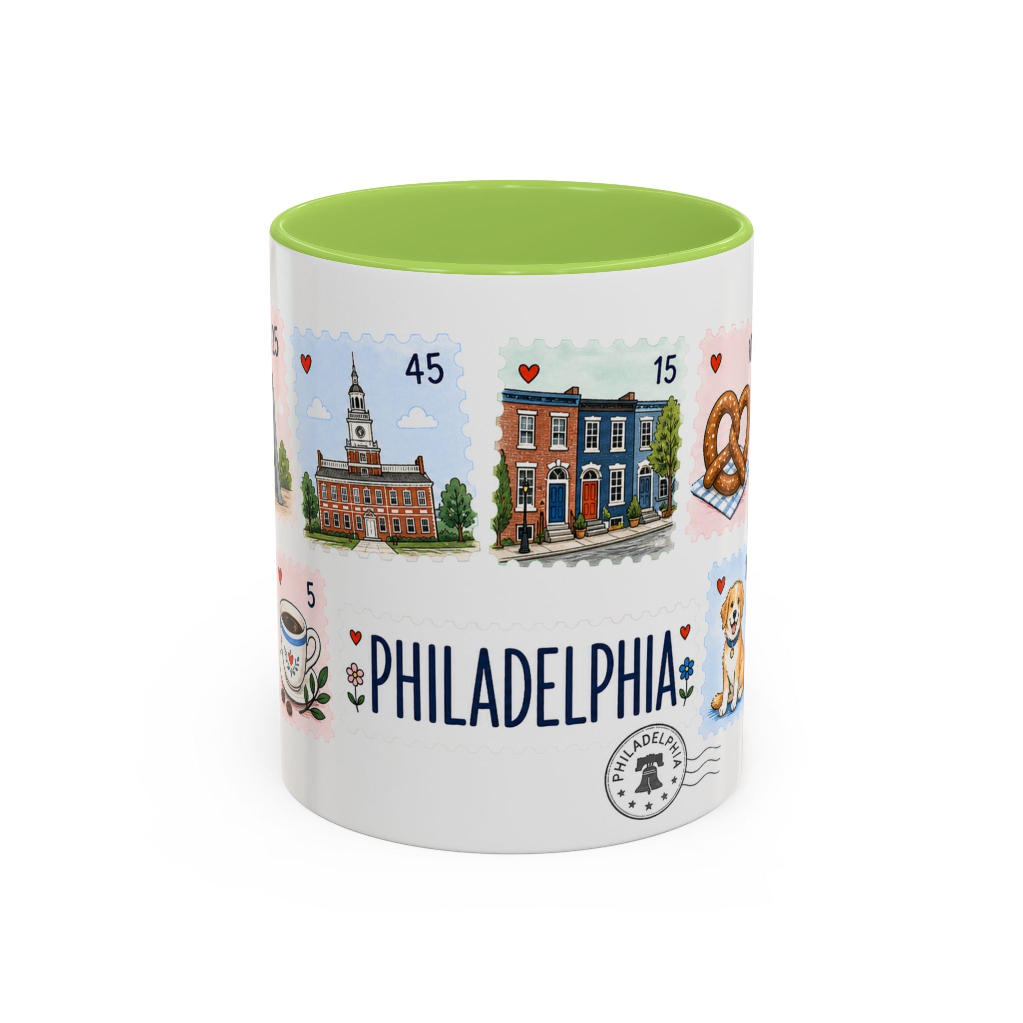 Philadelphia Coffee Mug | Postage Stamp Collage Mug | Travel Souvenir Accent Cup 11oz 15oz