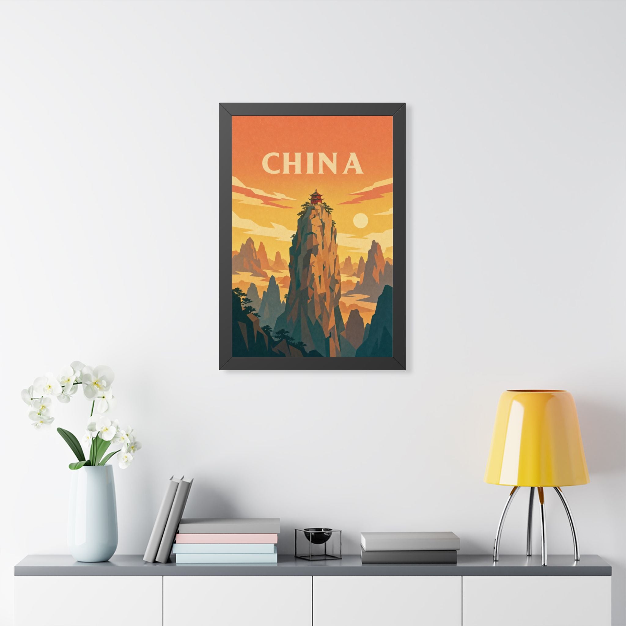China Mountain Temple China Framed Poster | Vintage Travel Wall Art | Black Walnut White Frame | 16x24 20x30