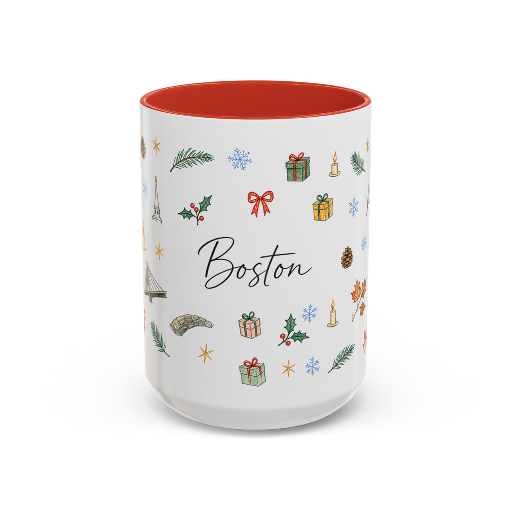 Boston Christmas Mug | Watercolor Travel Souvenir | Holiday Gift | Accent Ceramic Coffee Cup 11oz 15oz