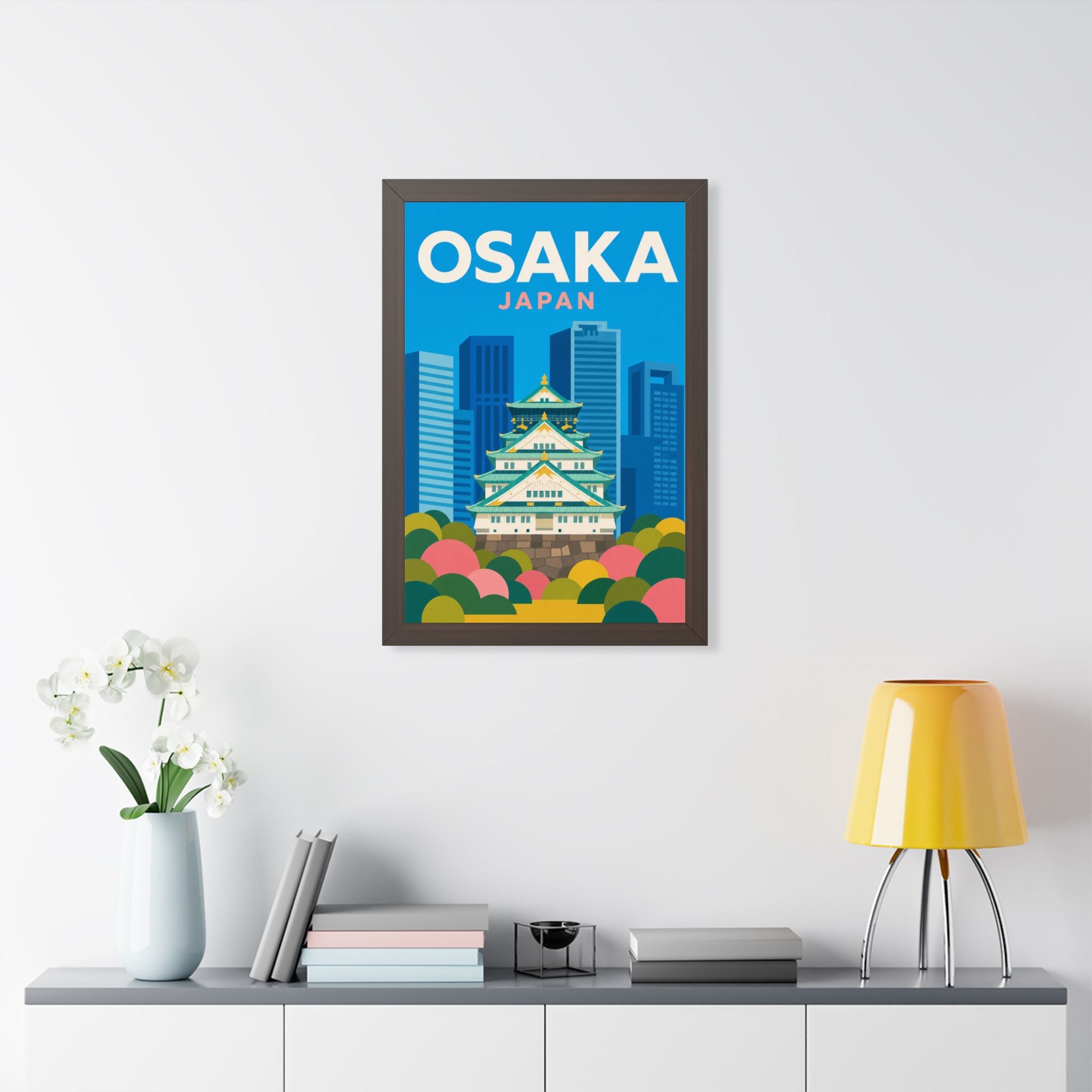 Osaka Japan Framed Poster | Vintage Travel Wall Art | Black Walnut White Frame | 16x24 20x30