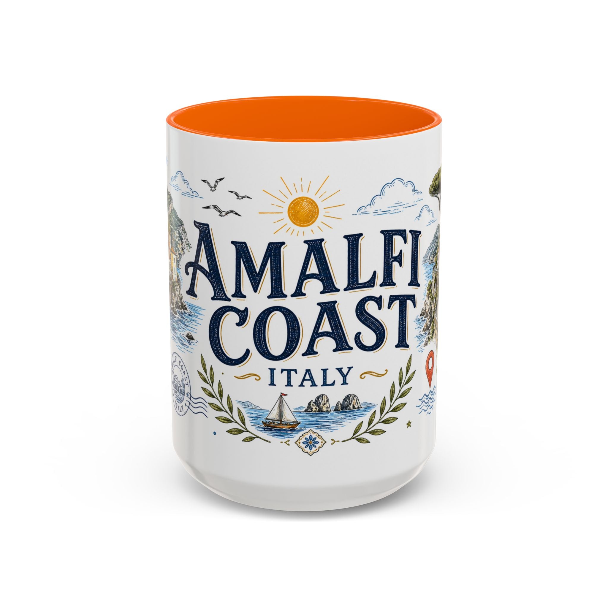 Amalfi Coast Coffee Mug | Travel Destination Souvenir Gift | Accent Color Ceramic 11oz 15oz