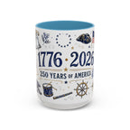 America 250 Coffee Mug | 1776-2026 Patriotic 4th of July Gift | Accent Color Ceramic 11oz 15oz