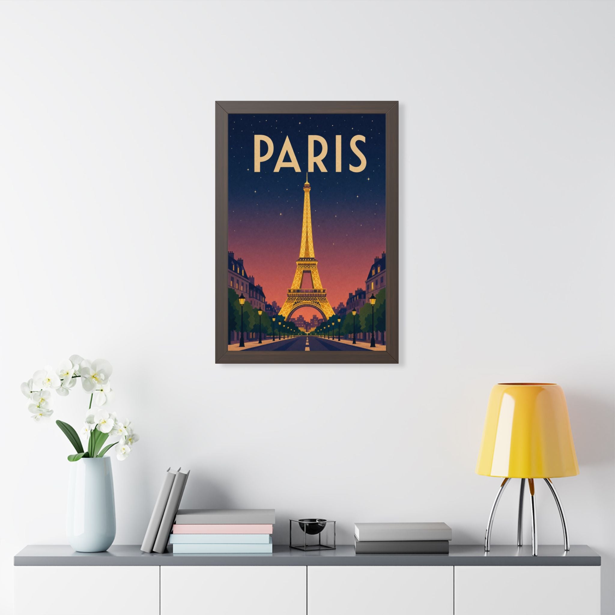 Paris at Night France Framed Poster | Vintage Travel Wall Art | Black Walnut White Frame | 16x24 20x30