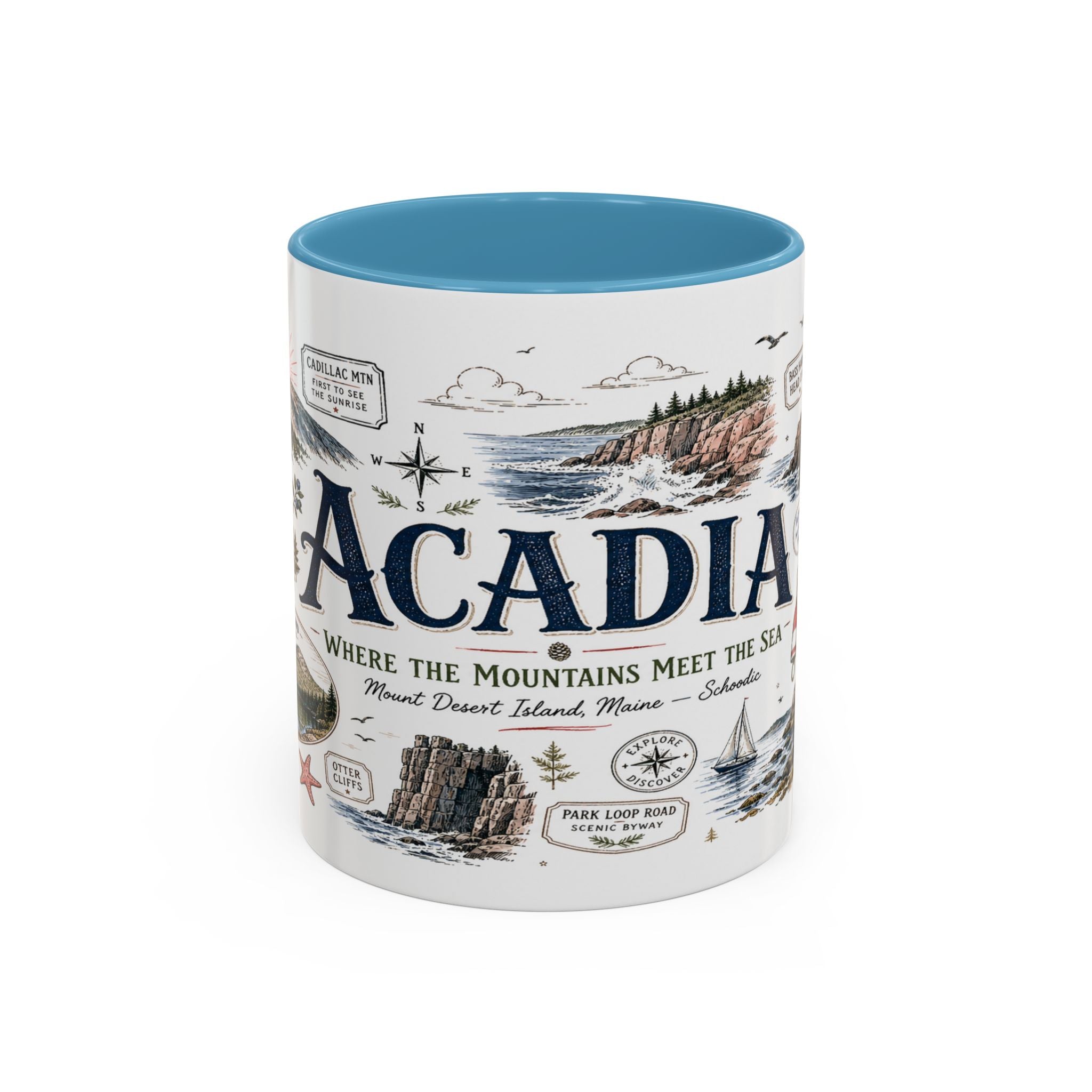 Acadia Coffee Mug | National Park Hiking Coastal Gift | Accent Color Ceramic 11oz 15oz