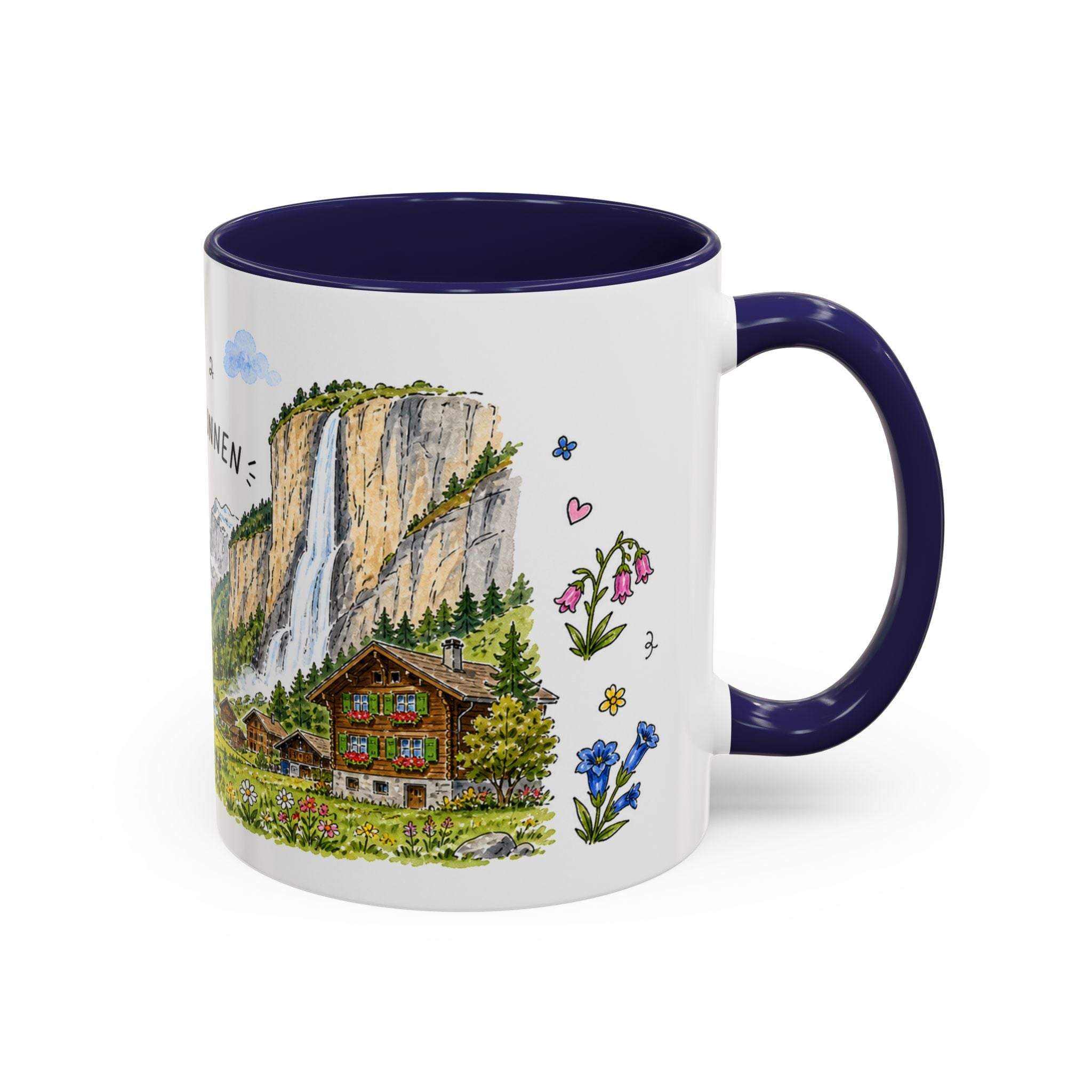 Lauterbrunnen Illustrated Travel Mug | Switzerland Souvenir Accent Coffee Mug | 11oz 15oz Ceramic Cup