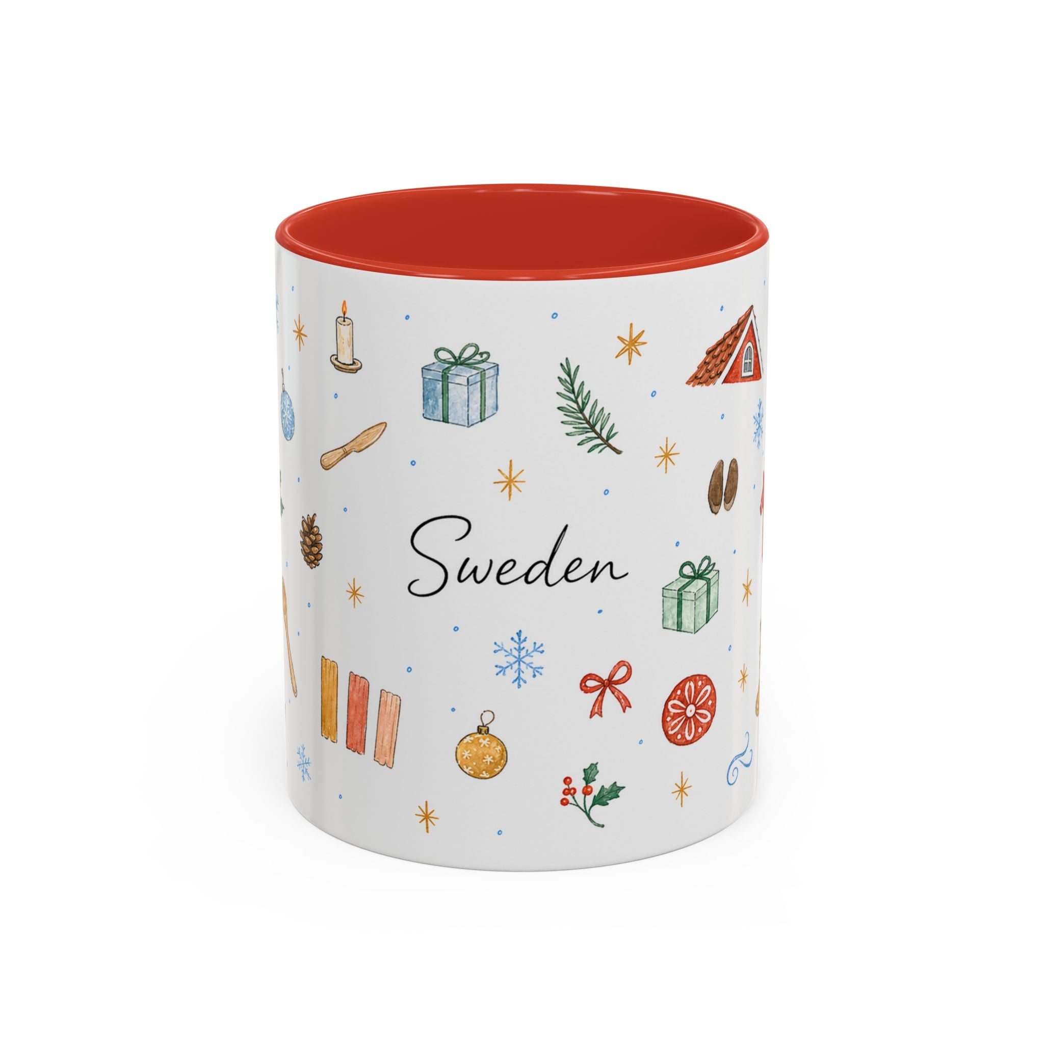 Sweden Christmas Mug | Watercolor Travel Souvenir | Holiday Gift | Accent Ceramic Coffee Cup 11oz 15oz