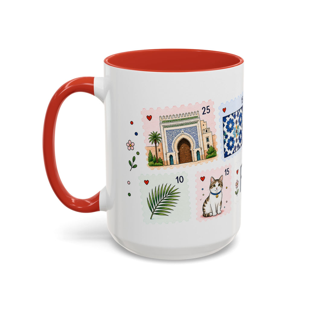 Fez Coffee Mug | Postage Stamp Collage Mug | Travel Souvenir Accent Cup 11oz 15oz