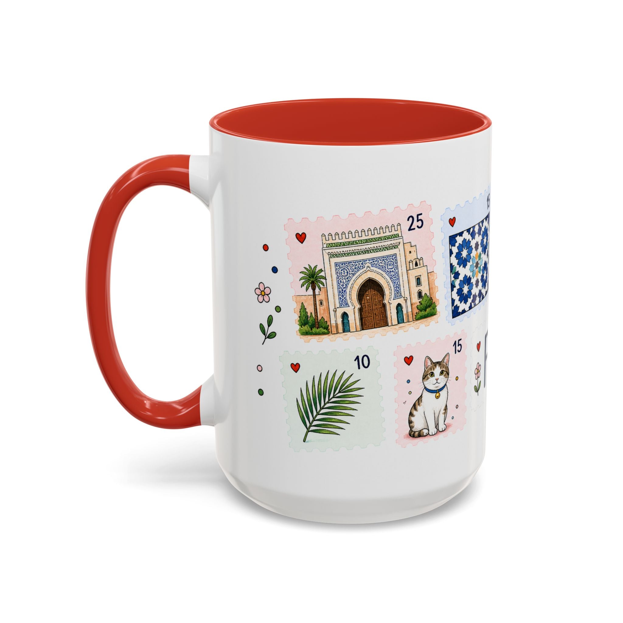 Fez Coffee Mug | Postage Stamp Collage Mug | Travel Souvenir Accent Cup 11oz 15oz