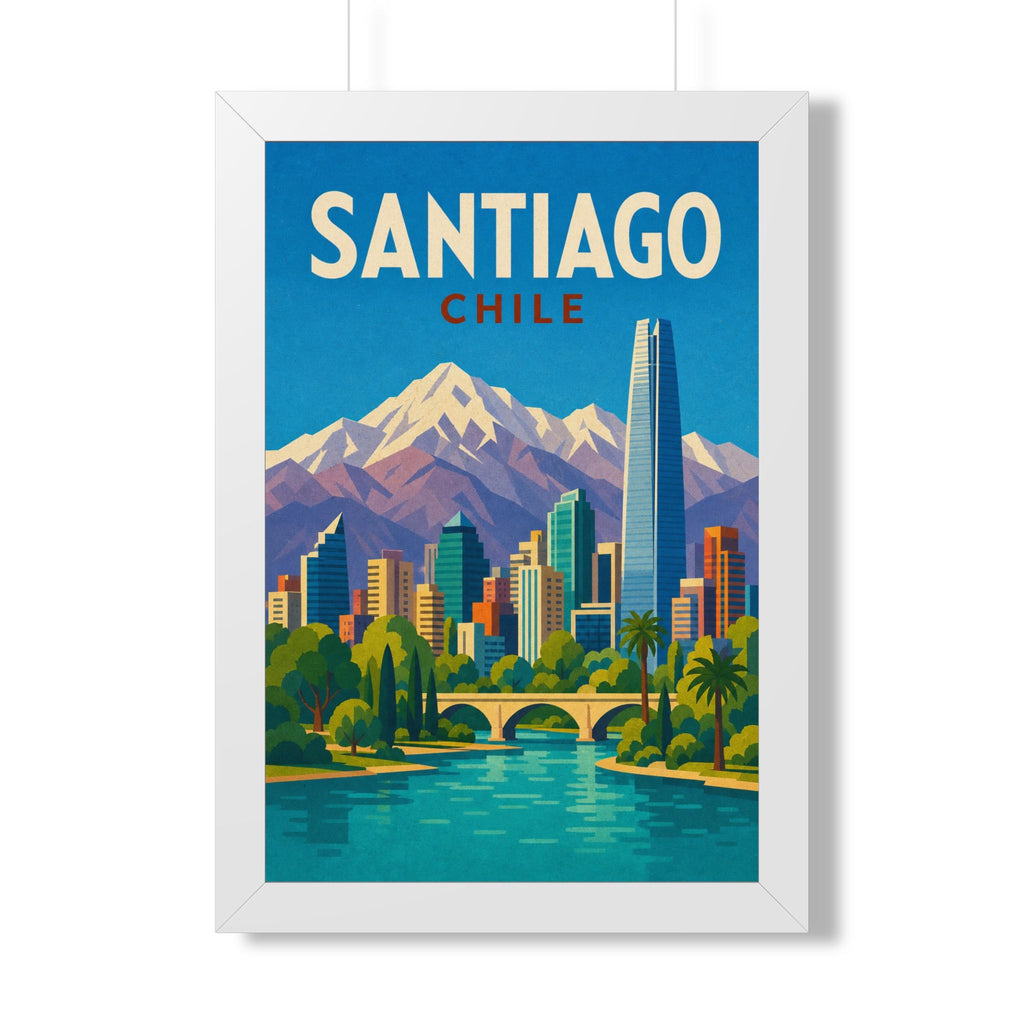 Santiago Chile Framed Poster | Vintage Travel Wall Art | Black Walnut White Frame | 16x24 20x30