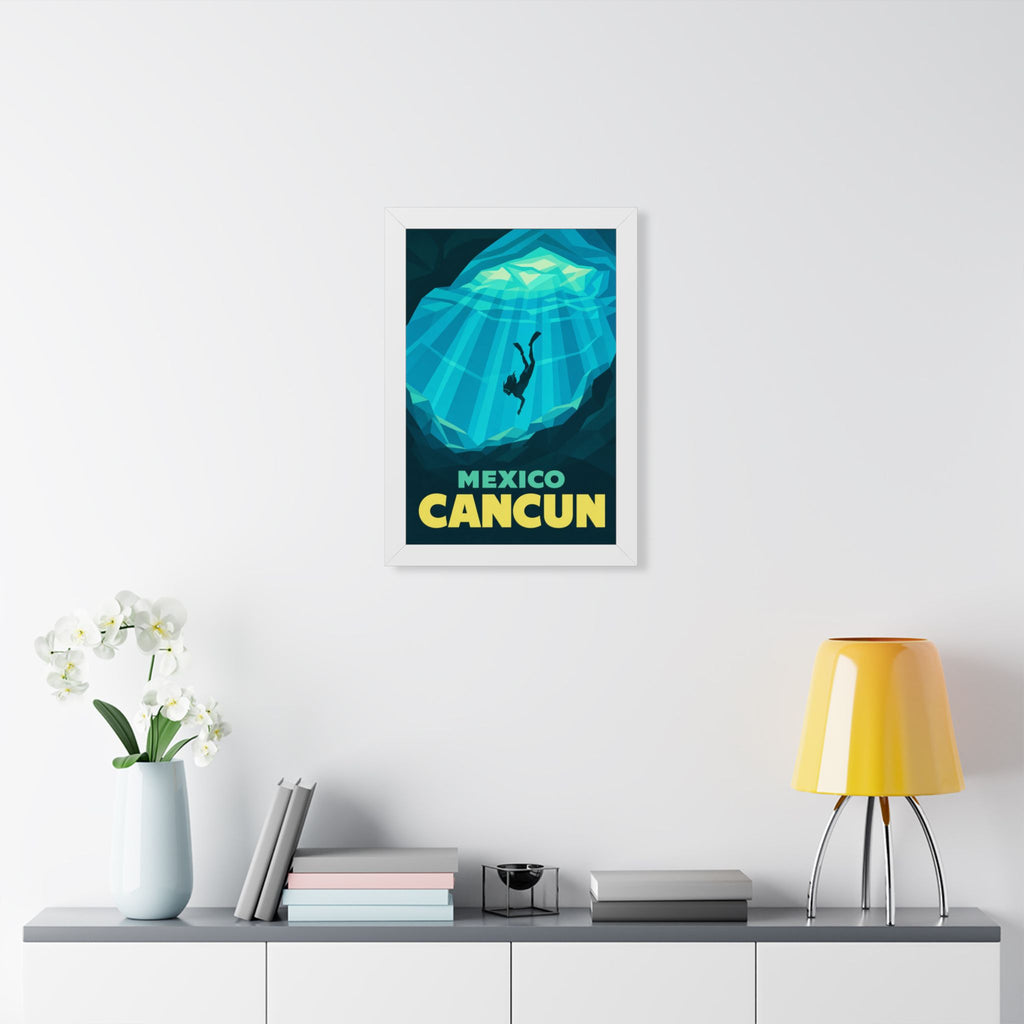 Cancún Cenote Mexico Framed Poster | Vintage Travel Wall Art | Black Walnut White Frame | 16x24 20x30
