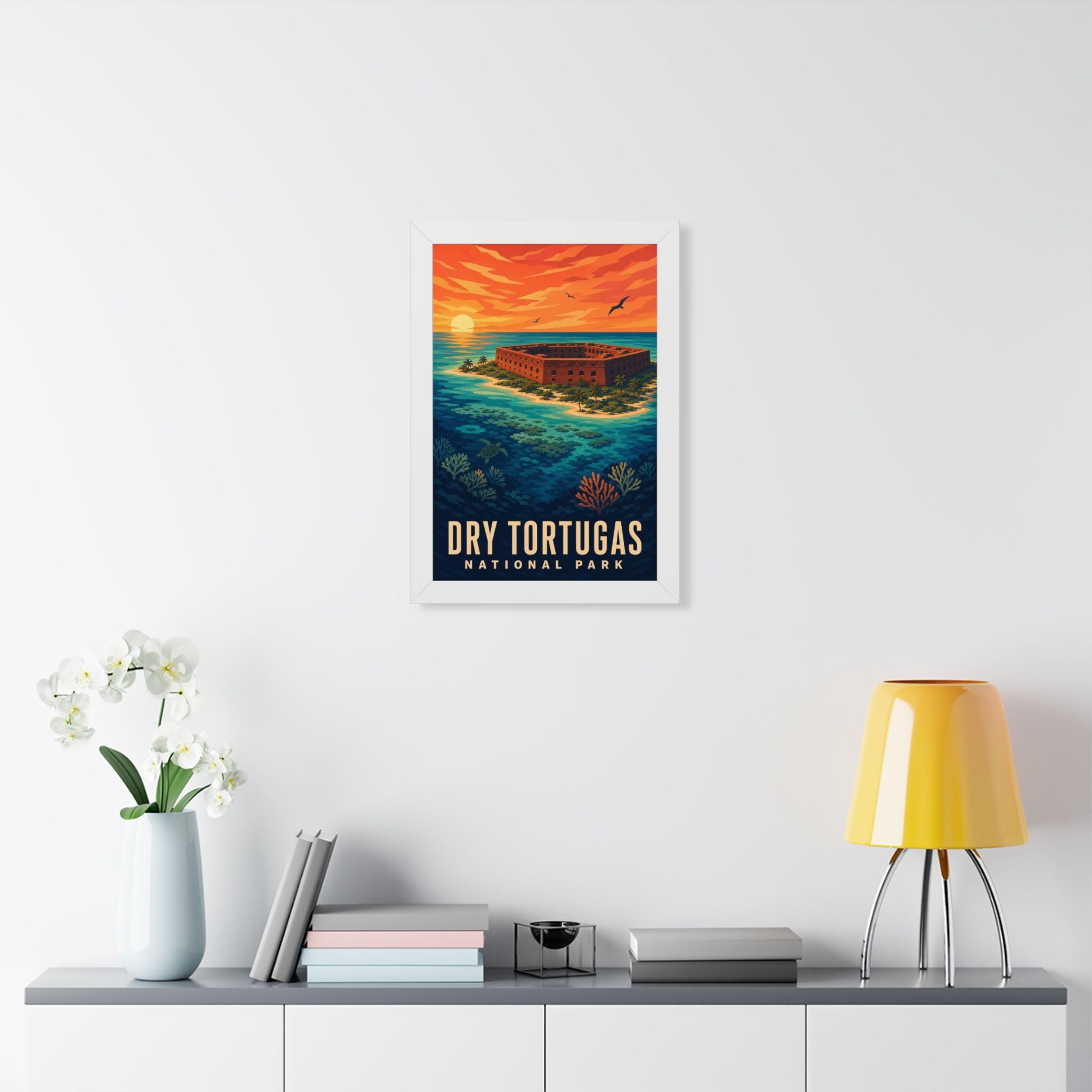 Dry Tortugas National Park Framed Poster | Vintage Travel Wall Art | Black Walnut White Frame | 16x24 20x30