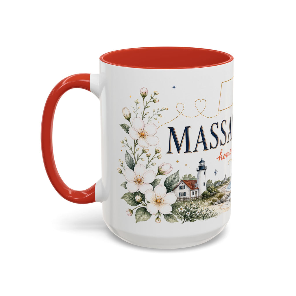 Massachusetts State Map Mug | Coastal Scene, Botanical Accents (11oz, 15oz)