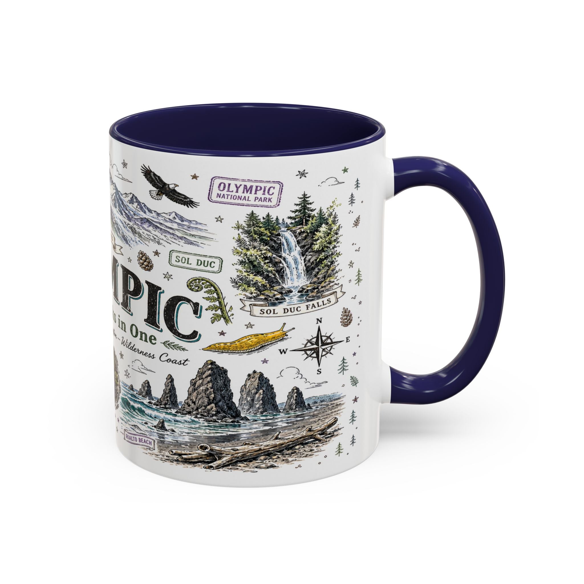 Olympic Coffee Mug | National Park Hiking Rainforest Gift | Accent Color Ceramic 11oz 15oz