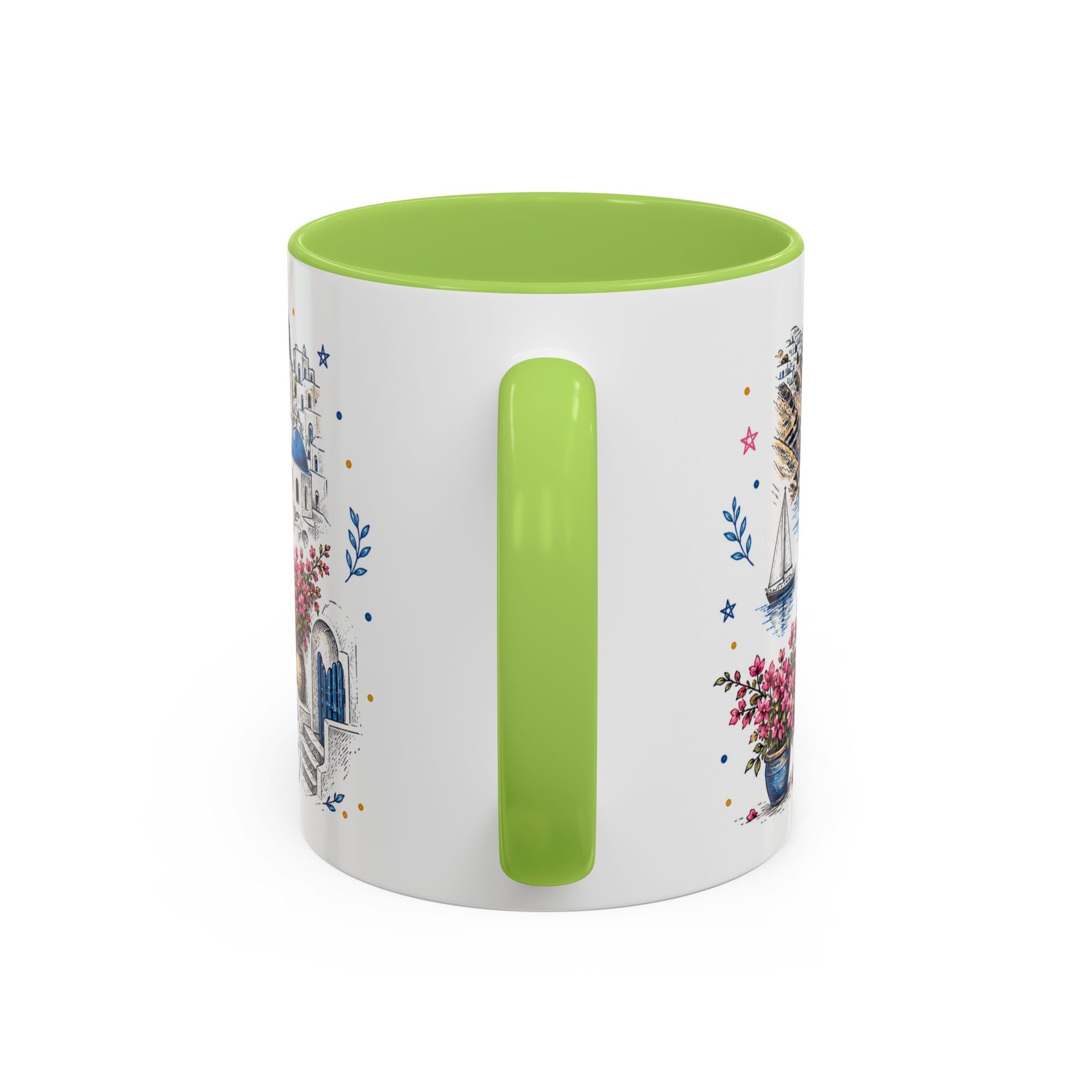 Santorini Coffee Mug | Travel Destination Souvenir Gift | Accent Color Ceramic 11oz 15oz
