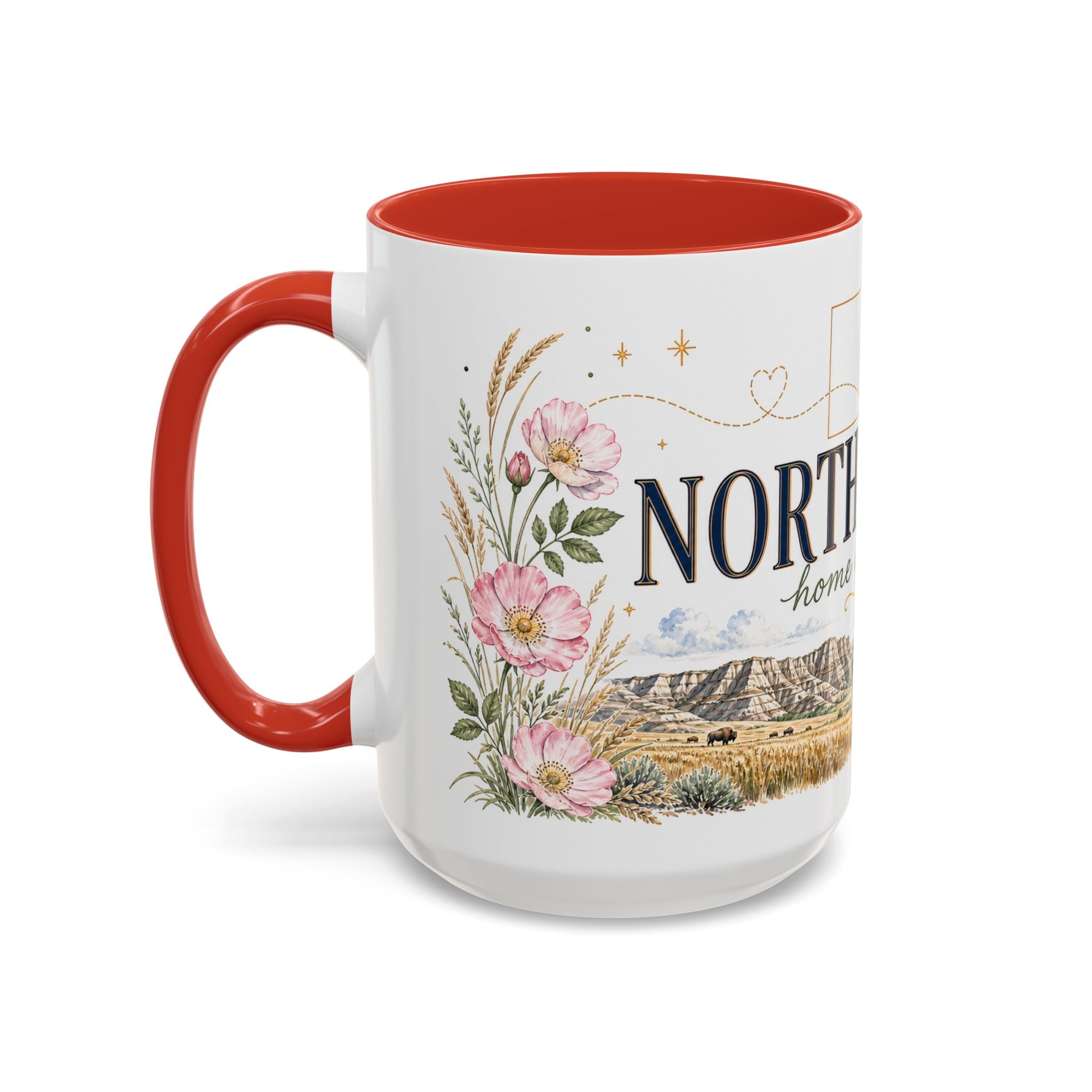 North Dakota State Map Mug | Prairie Rose Botanical Accent Coffee Cup