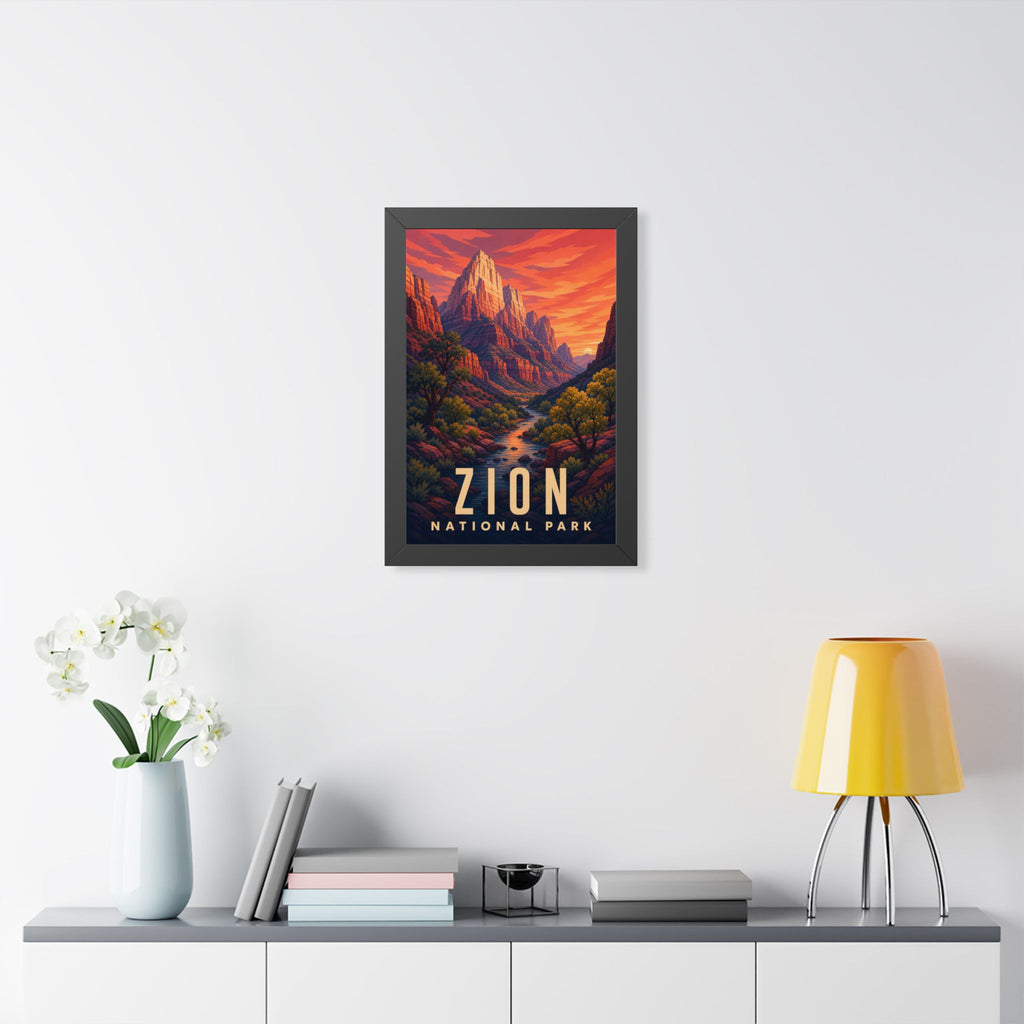Zion National Park Framed Poster | Vintage Travel Wall Art | Black Walnut White Frame | 16x24 20x30