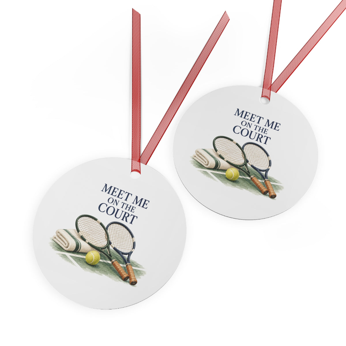 Front and back views of the double-sided round ornament with tennis artwork.