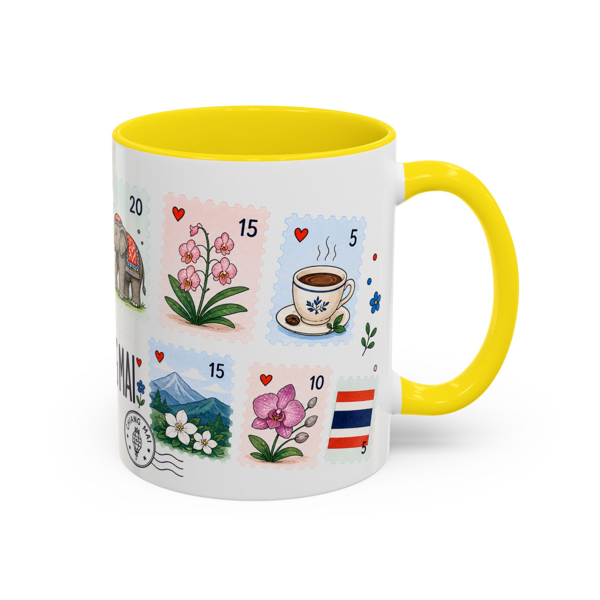 Chiang Mai Coffee Mug | Postage Stamp Collage Mug | Travel Souvenir Accent Cup 11oz 15oz