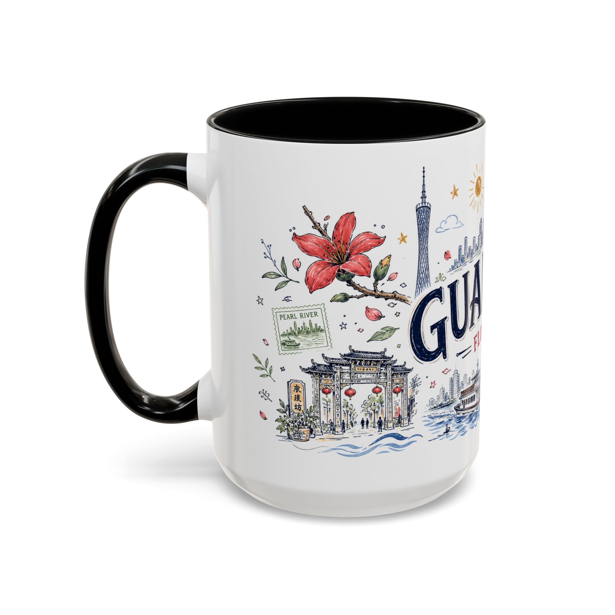 Guangzhou Coffee Mug | China Souvenir Travel Gift | Accent Color Ceramic 11oz 15oz