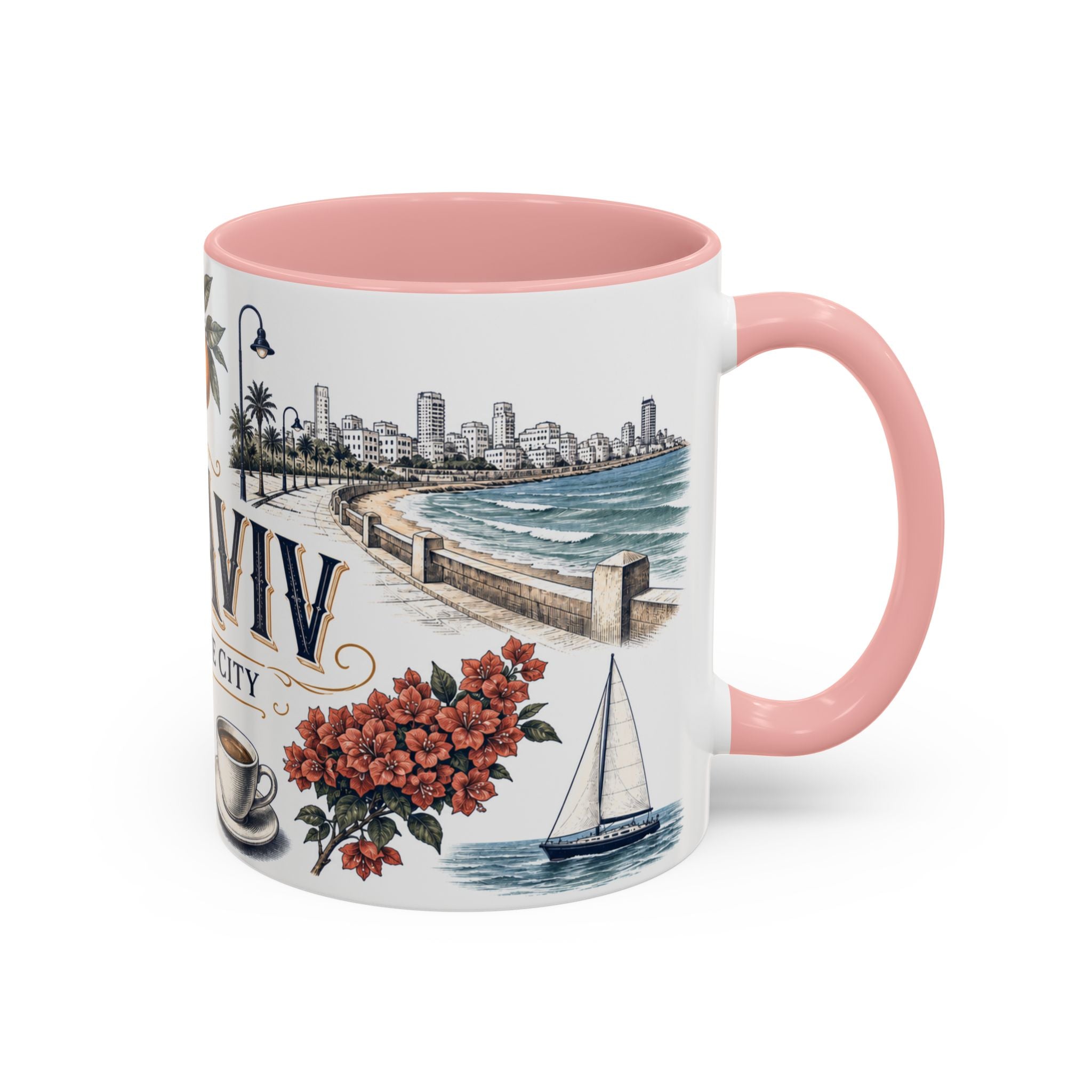 Tel Aviv Coffee Mug | Israel Travel Souvenir | Vintage Illustrated City Gift | 11 oz 15 oz Accent Mug