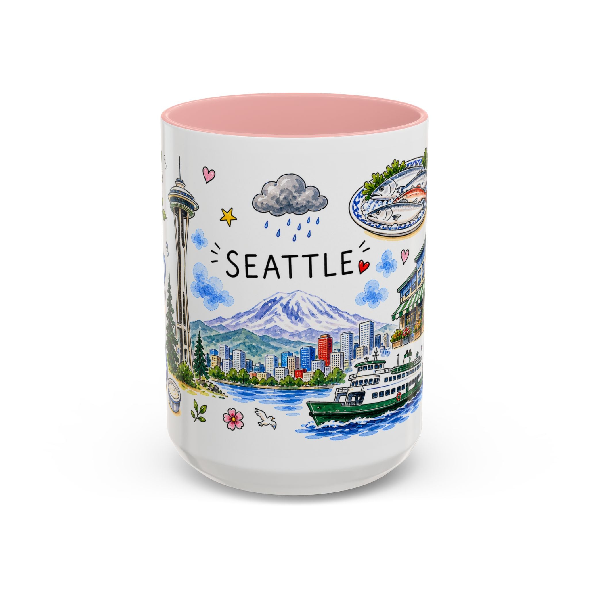 Seattle Illustrated Travel Mug | City Souvenir Accent Coffee Mug | 11oz 15oz Ceramic Cup