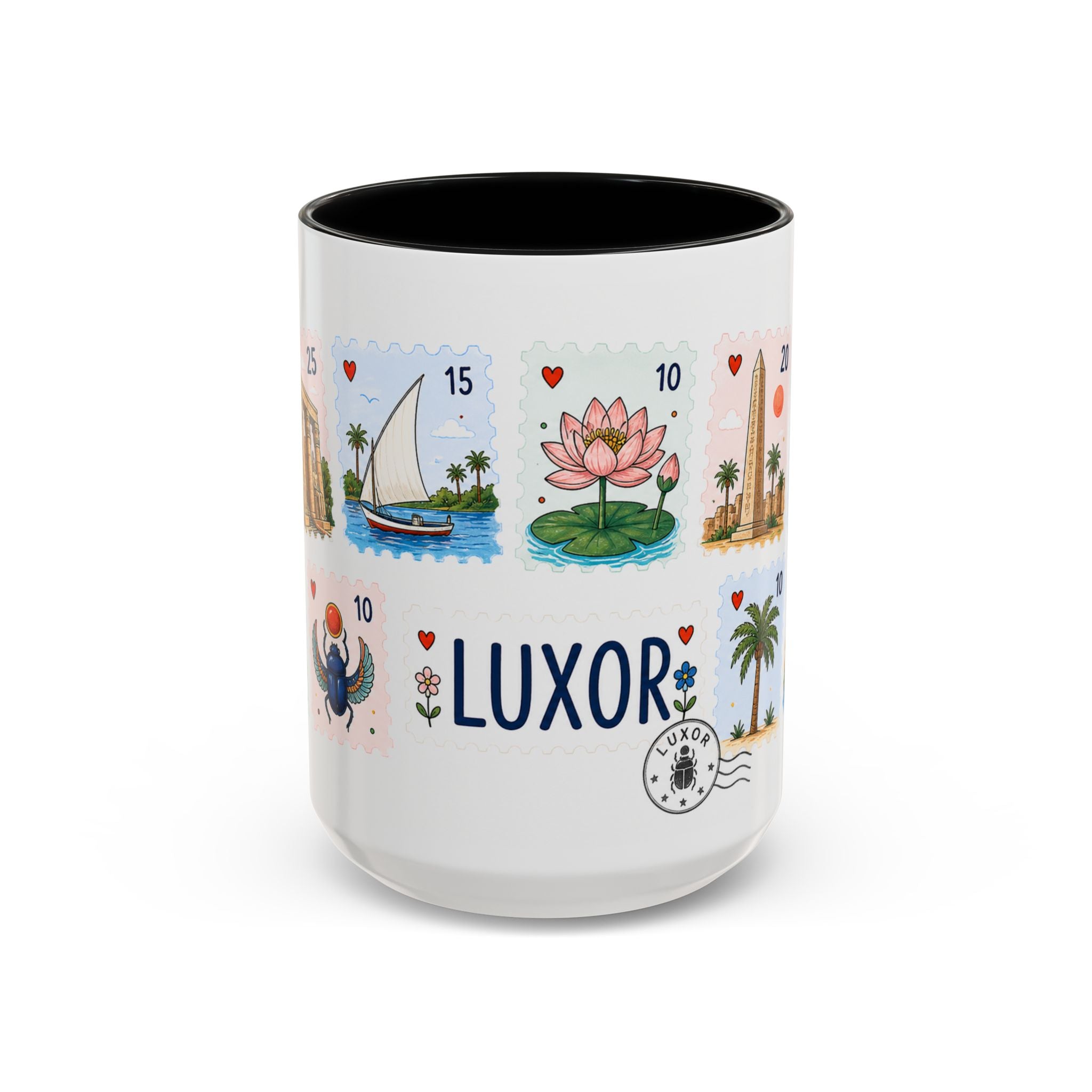 Luxor Coffee Mug | Postage Stamp Collage Mug | Travel Souvenir Accent Cup 11oz 15oz