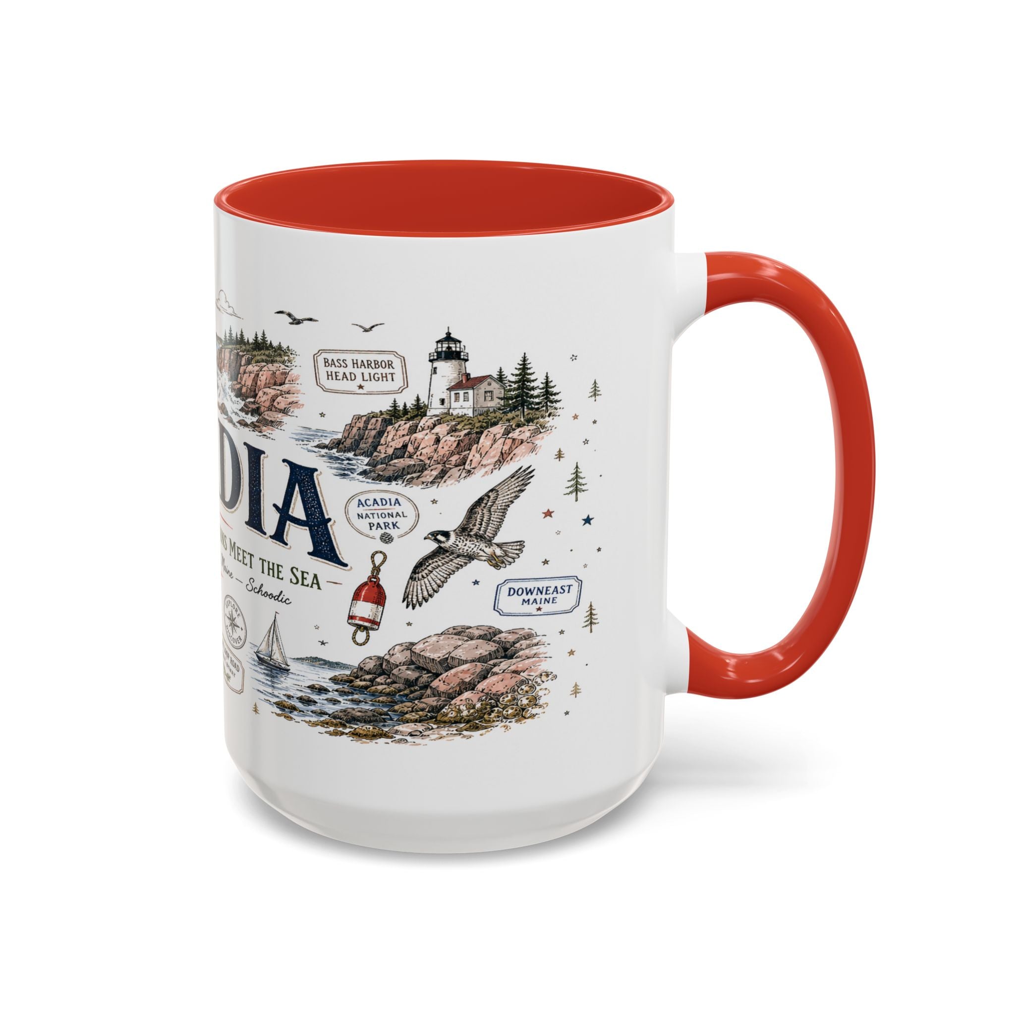 Acadia Coffee Mug | National Park Hiking Coastal Gift | Accent Color Ceramic 11oz 15oz