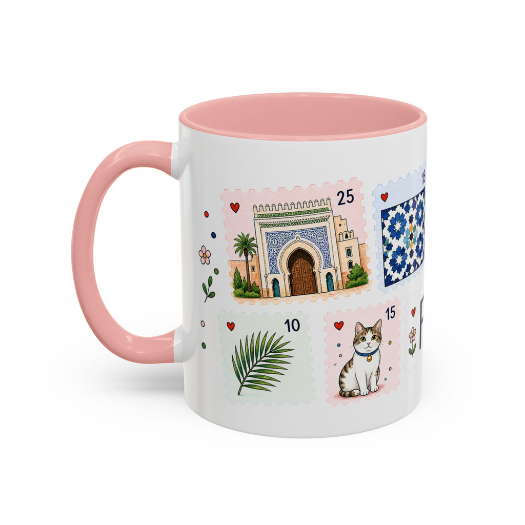 Fez Coffee Mug | Postage Stamp Collage Mug | Travel Souvenir Accent Cup 11oz 15oz