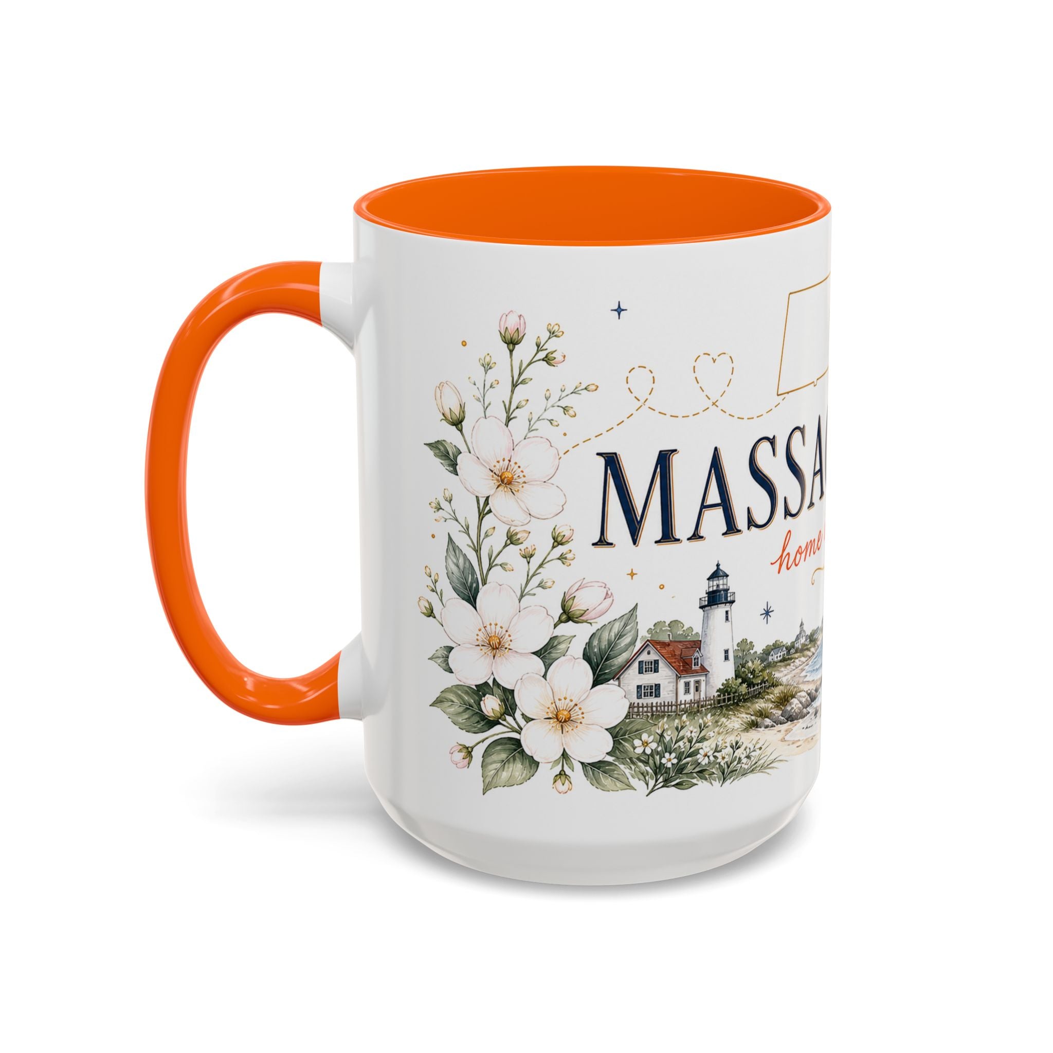 Massachusetts State Map Mug | Coastal Scene, Botanical Accents (11oz, 15oz)