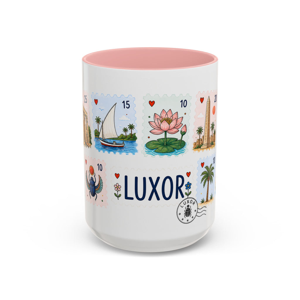 Luxor Coffee Mug | Postage Stamp Collage Mug | Travel Souvenir Accent Cup 11oz 15oz