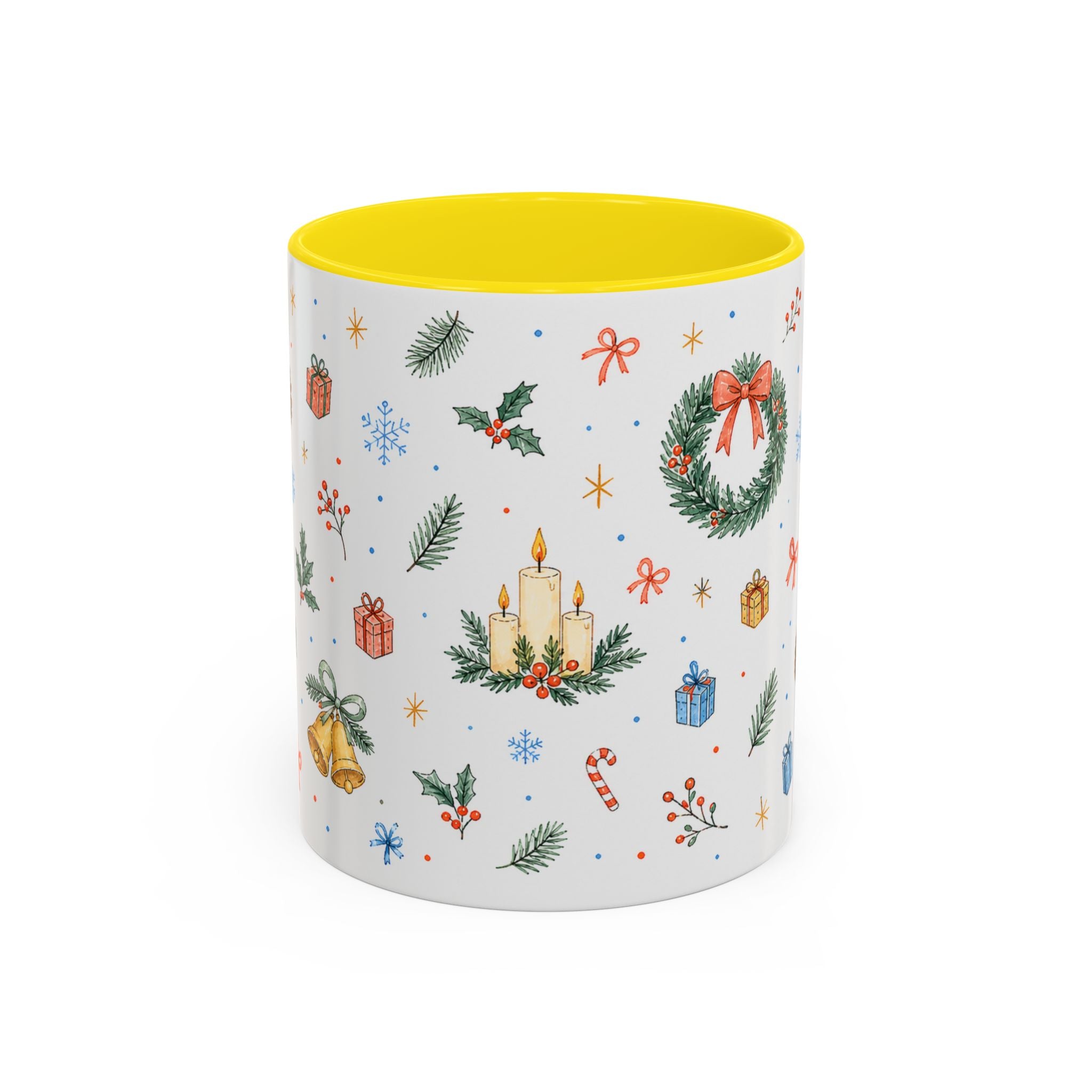 Christmas Candle Mug | Holly Wreath Watercolor Holiday Gift | Accent Cup 11oz 15oz