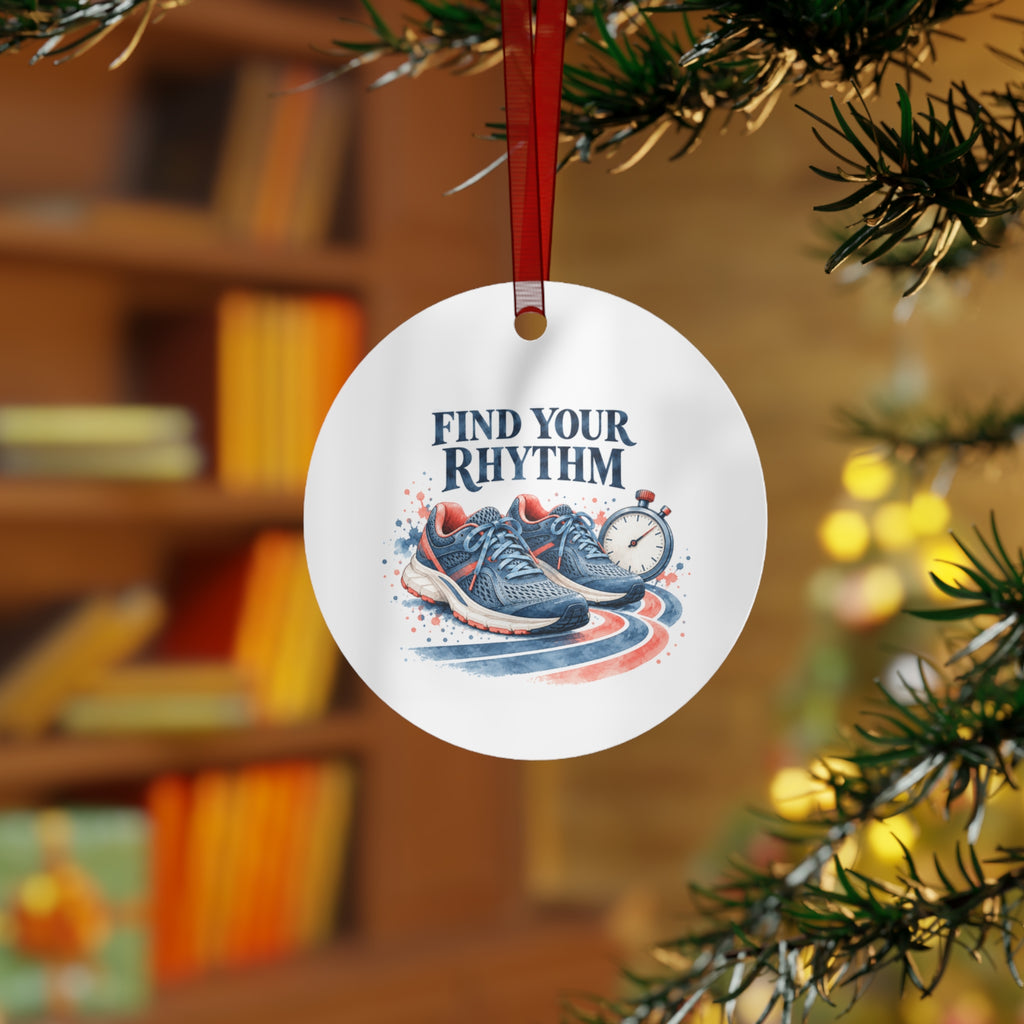 Lifestyle view of the round ornament with running artwork and red hanging ribbon.