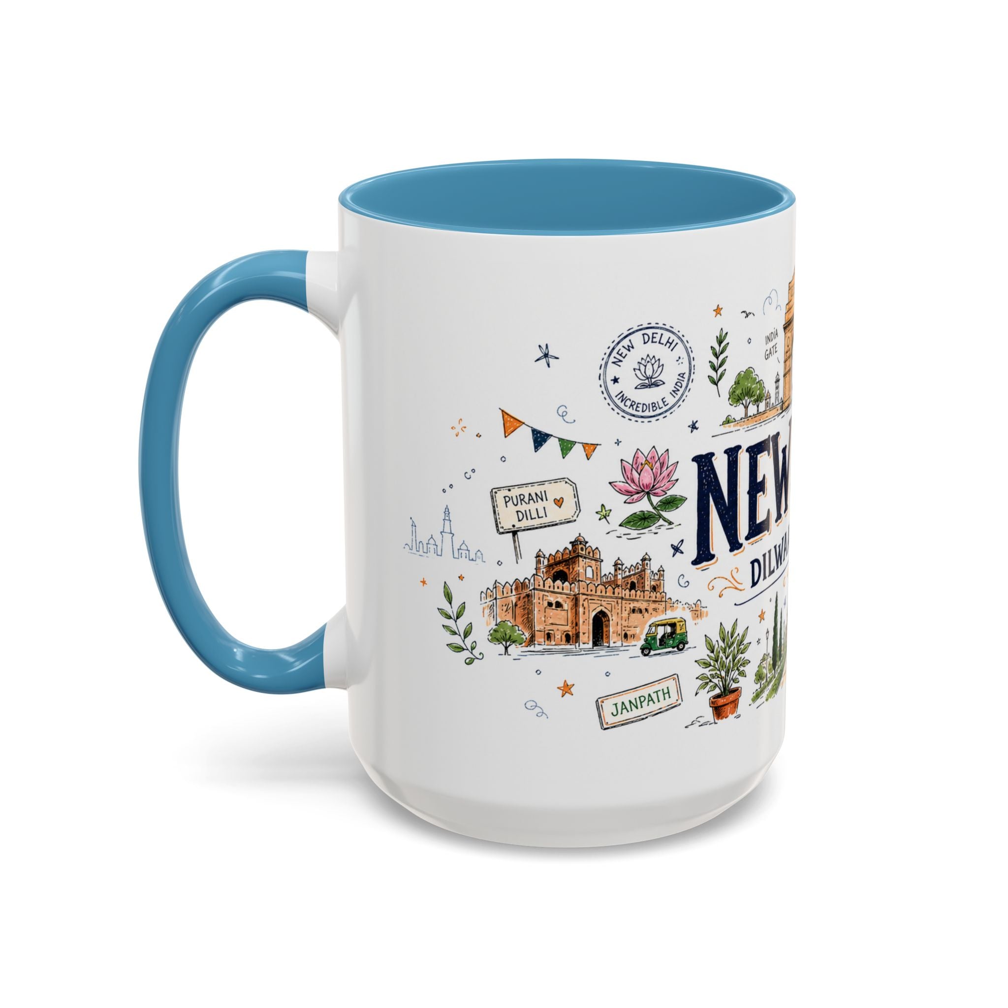 New Delhi Coffee Mug | India Souvenir Travel Gift | Accent Color Ceramic 11oz 15oz