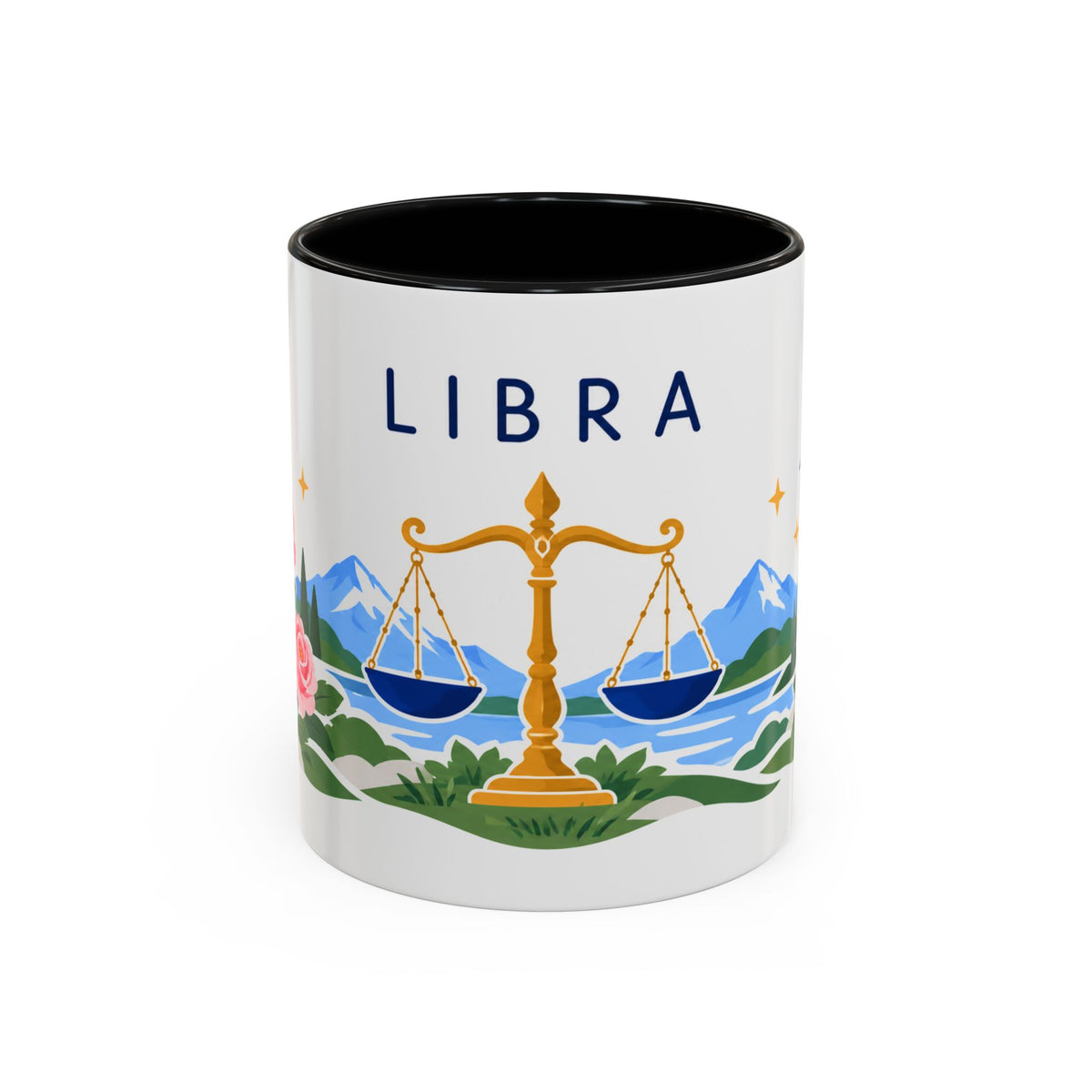 Libra Zodiac Coffee Mug | Scales and Rose Design | Astrology Birthday Gift | 11 oz 15 oz Ceramic Accent Mug