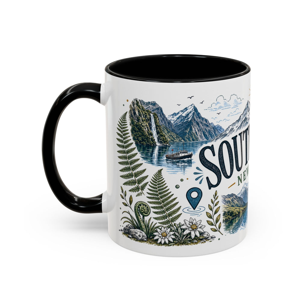 New Zealand South Island Coffee Mug | Travel Destination Souvenir Gift | Accent Color Ceramic 11oz 15oz
